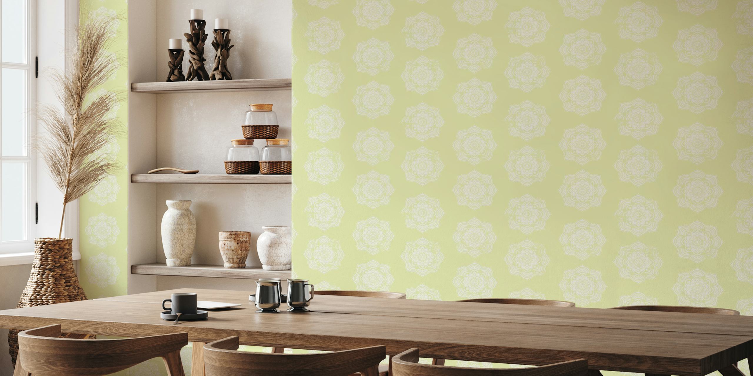 Citrus Boho Art -tapetti esillä huoneessa