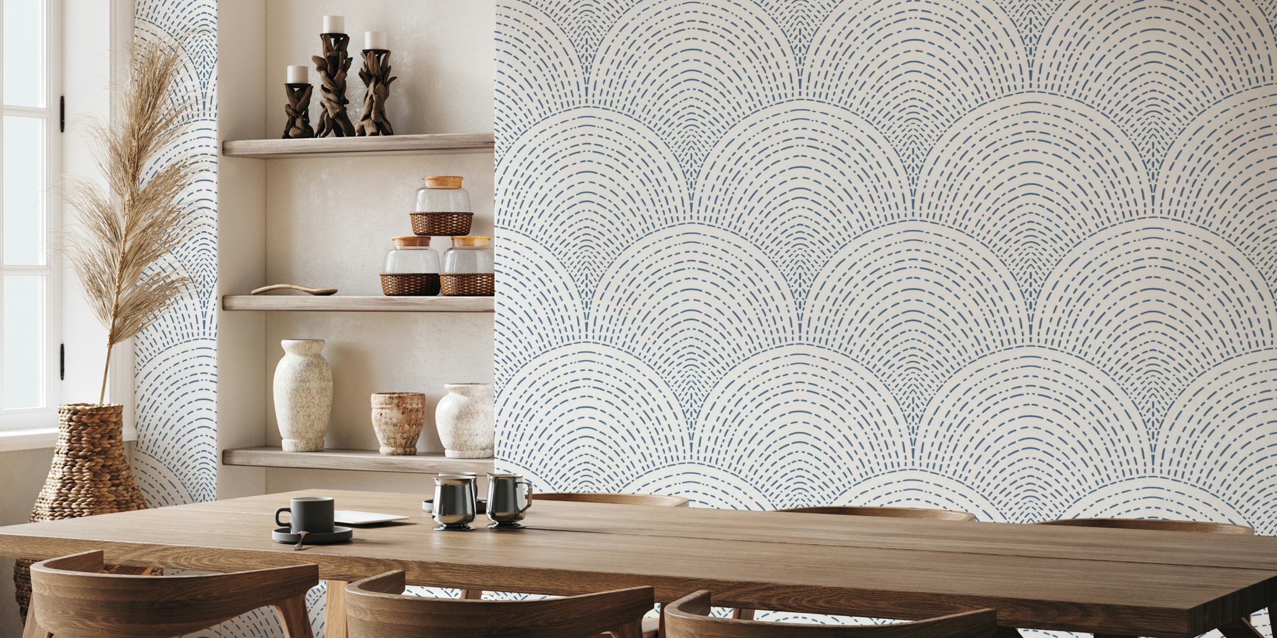 Navy blue geometric arches on a white background wallpaper