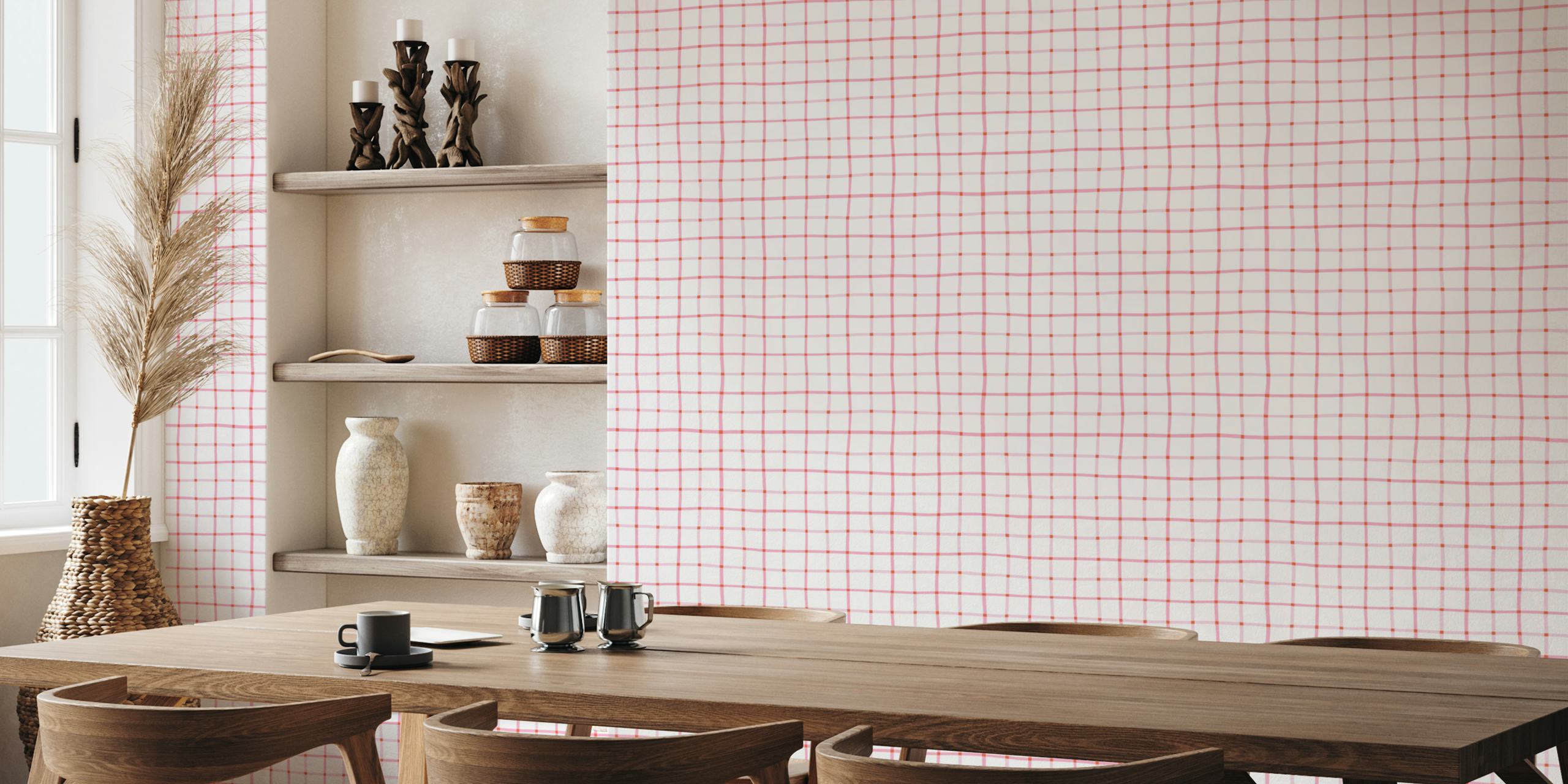 Hand drawn pink and orange grid wallpaper