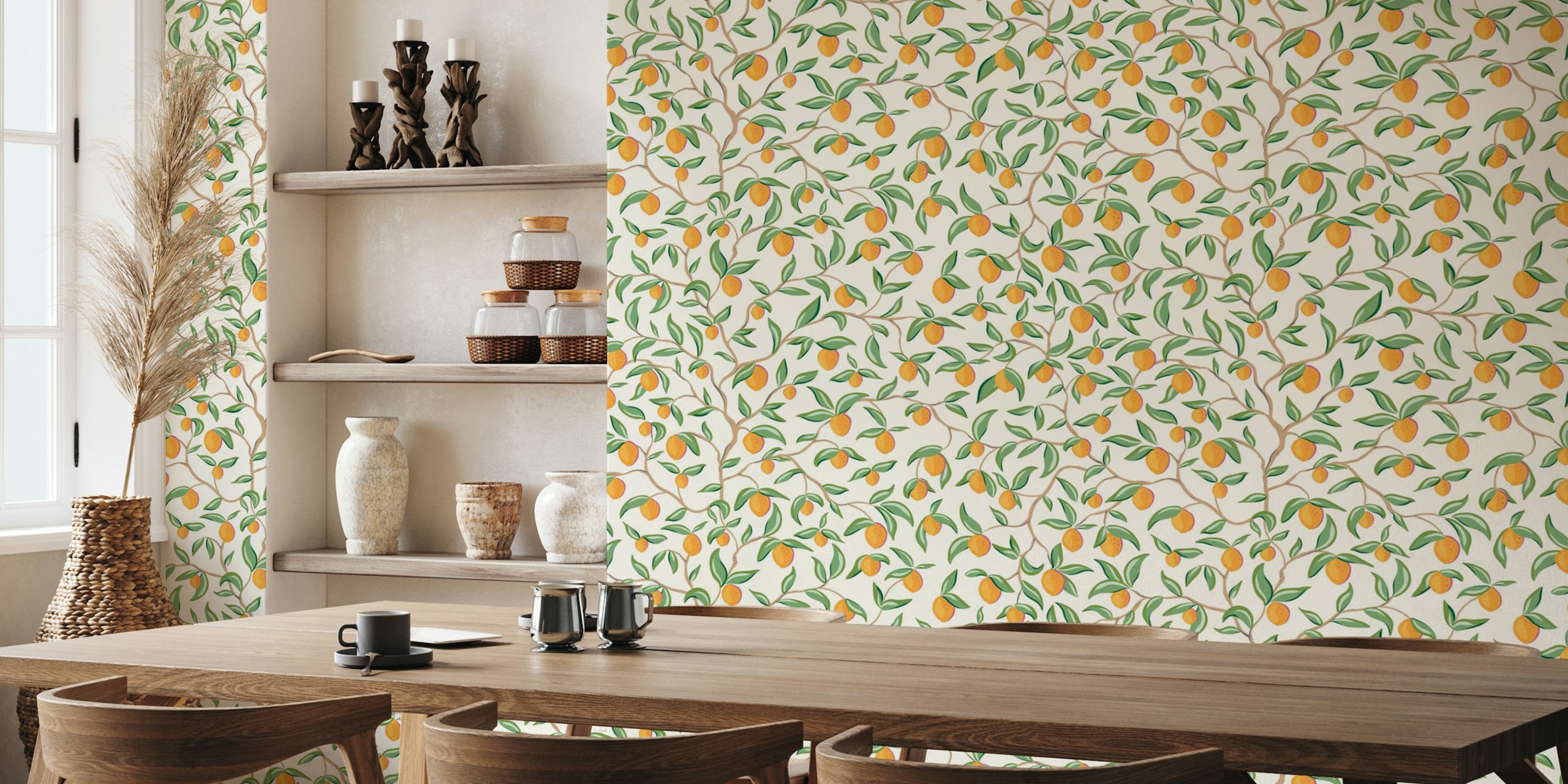 Orange Tree Branches wallpaper showing green leaves and orange fruits on a light background.