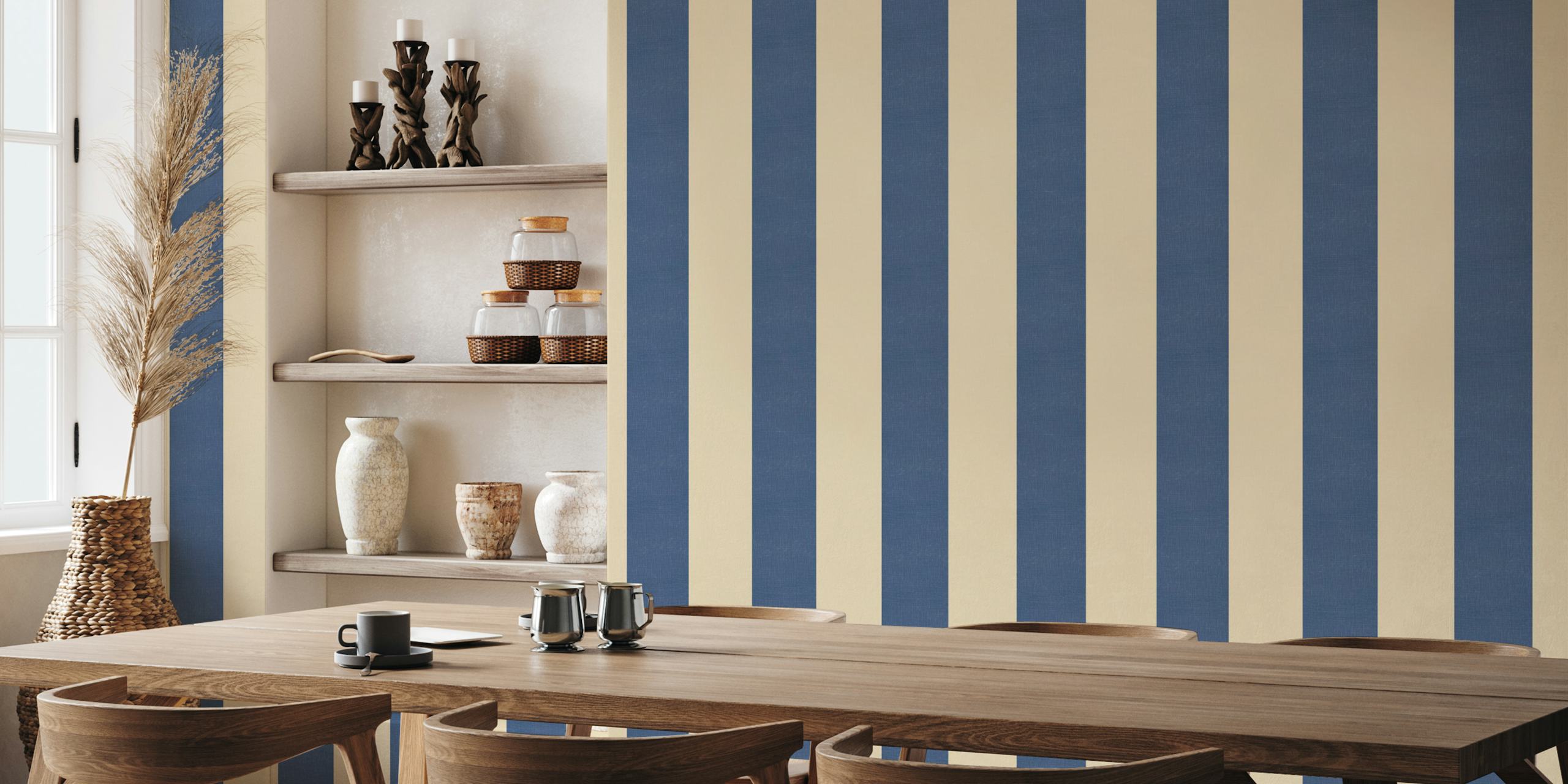 Wide textured stripes papel tapiz en navy blue y beige