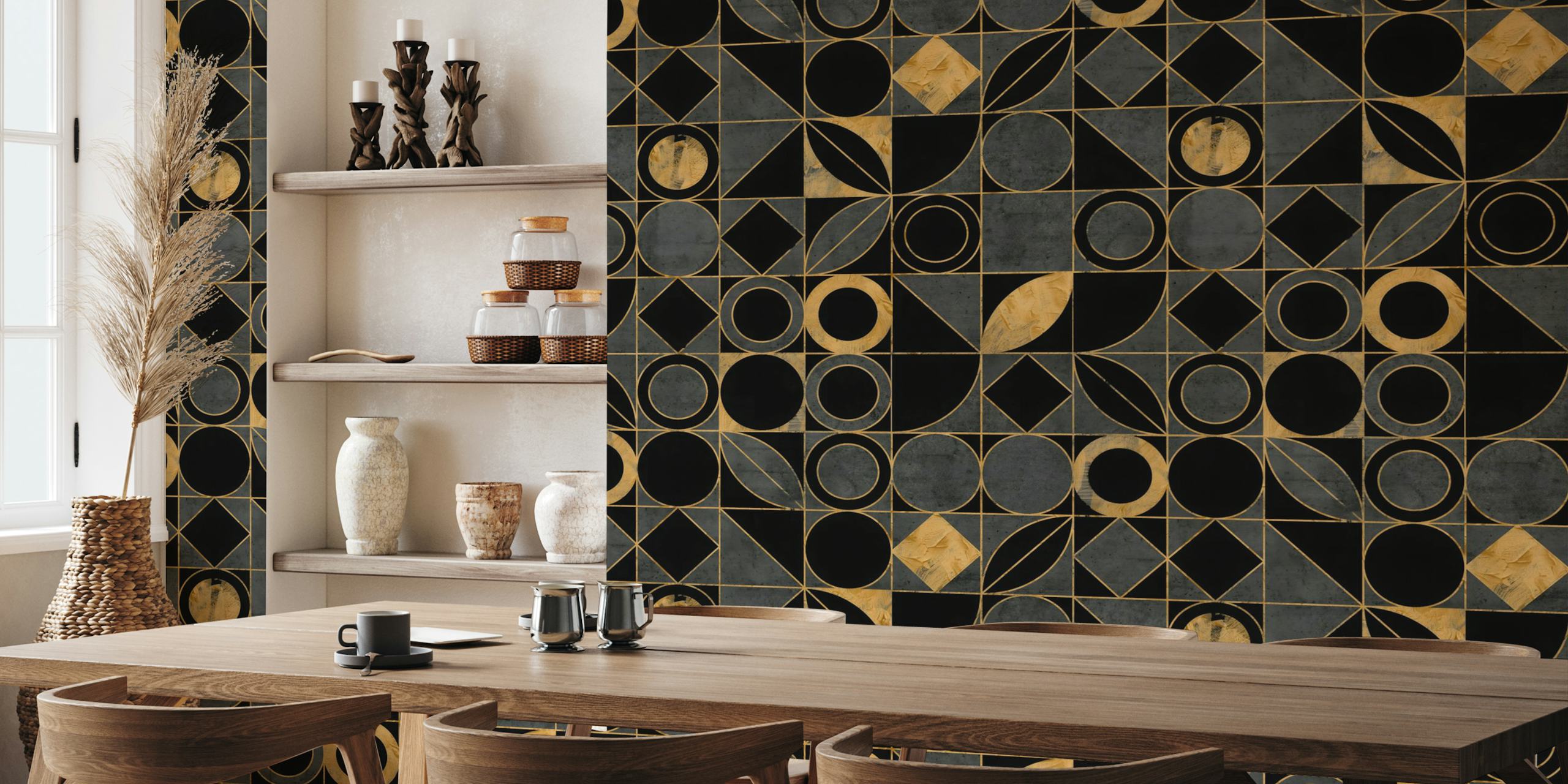 Geometric pattern with black and gold shapes wallpaper