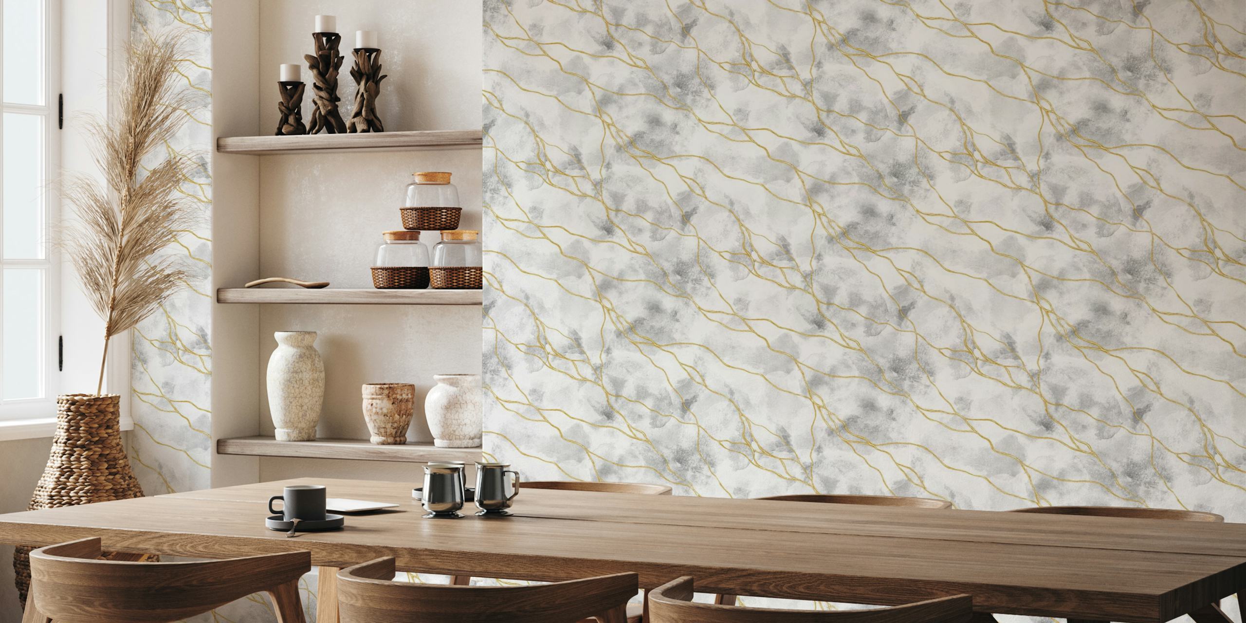 White marble wallpaper with golden veins and gray accents