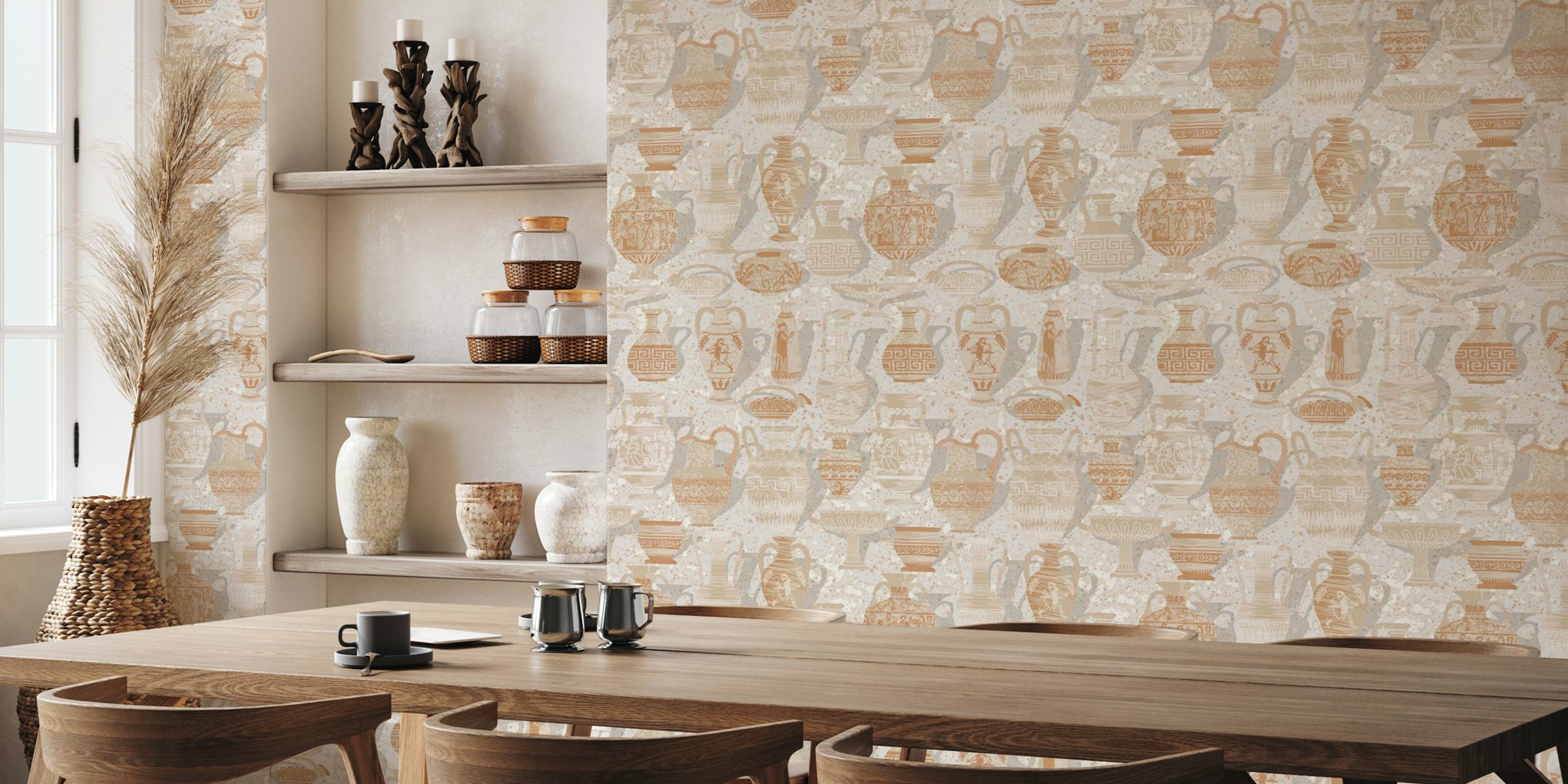 Antique pottery design in warm beige tones wall mural