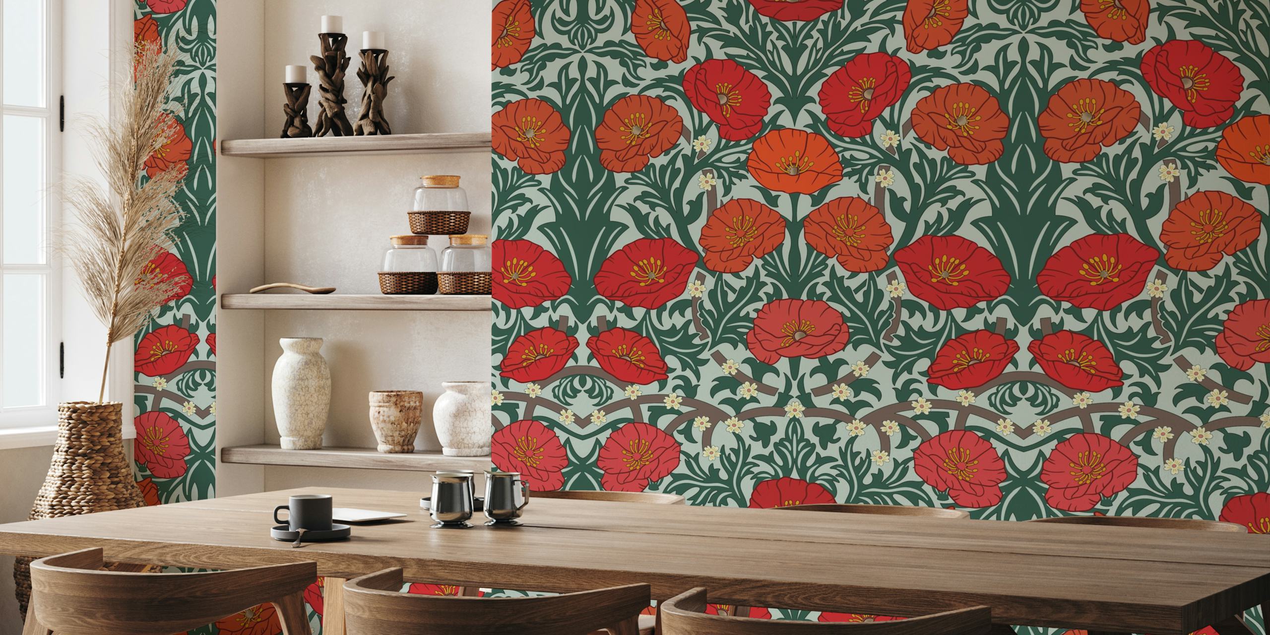 Retro-style wall mural featuring red poppies and Art Nouveau motifs against a green backdrop.
