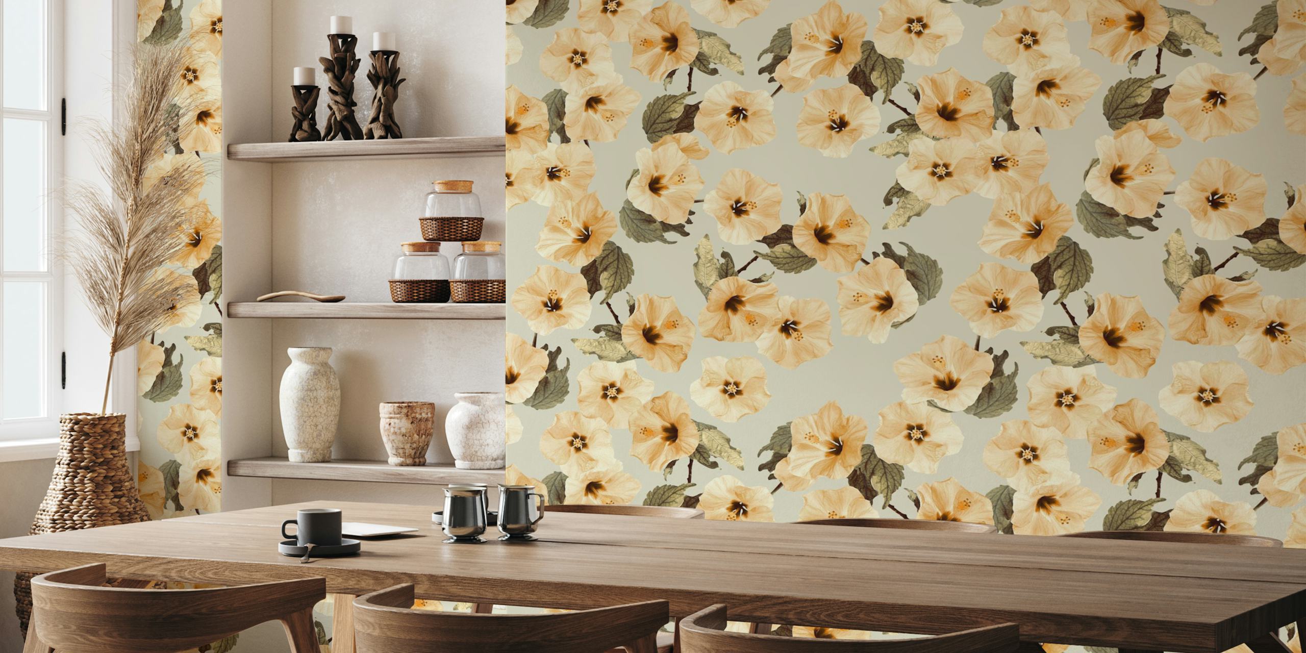 Golden flowers wallpaper design in a room