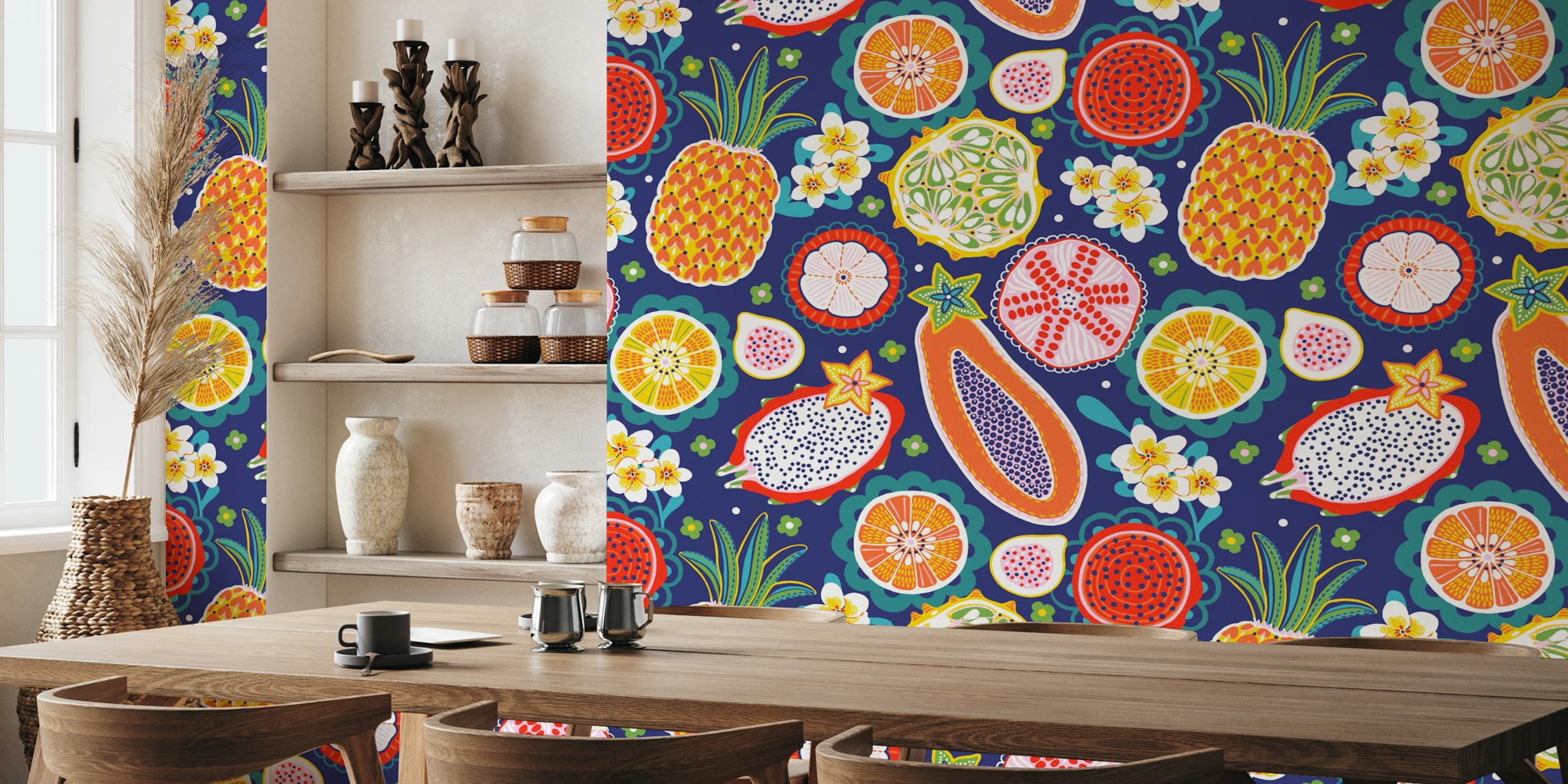 Tropical fruits wallpaper in a colorful room