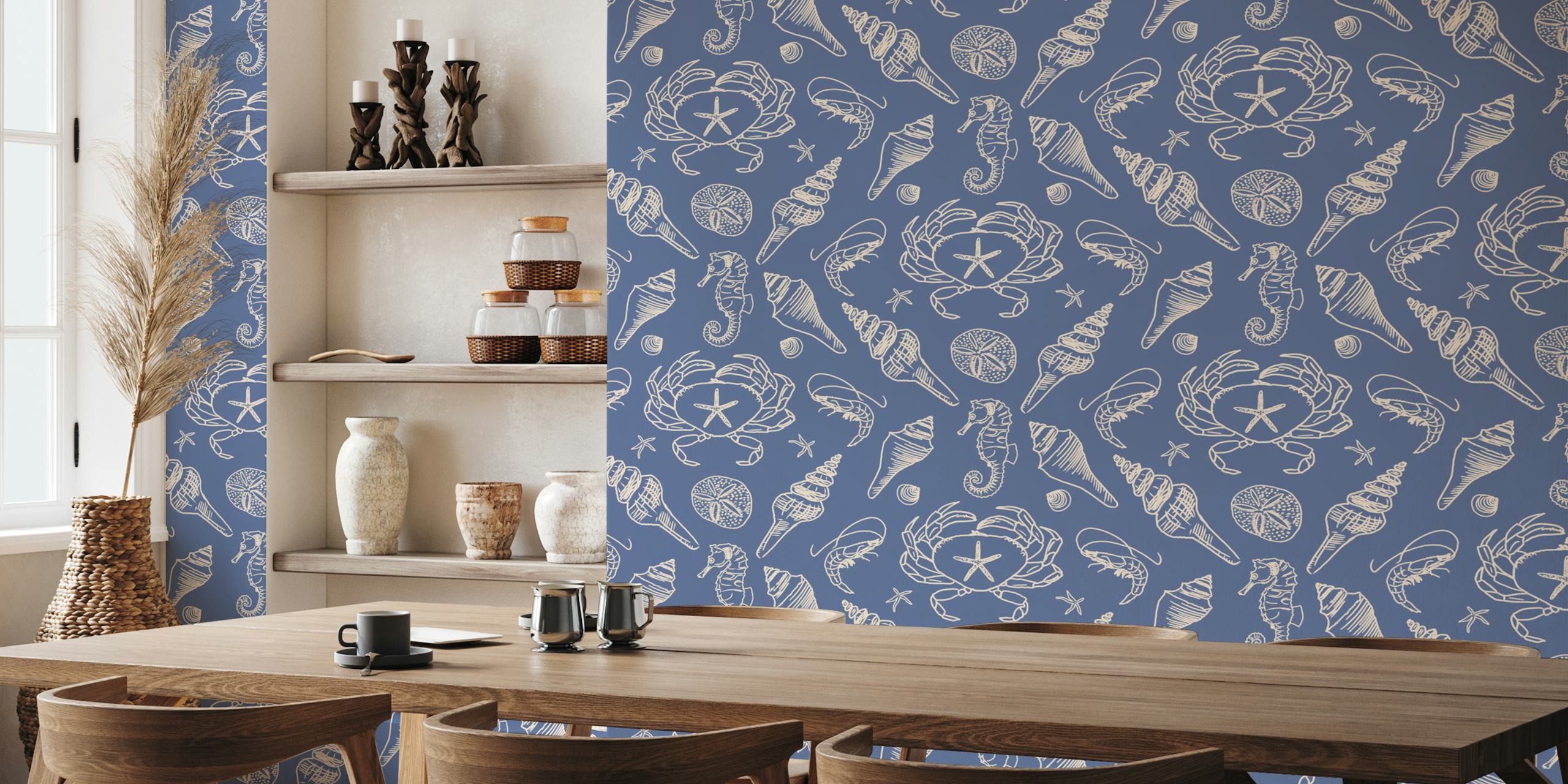 Nautical ocean shells pattern with seashells, crabs, and sea creatures in blue wallpaper