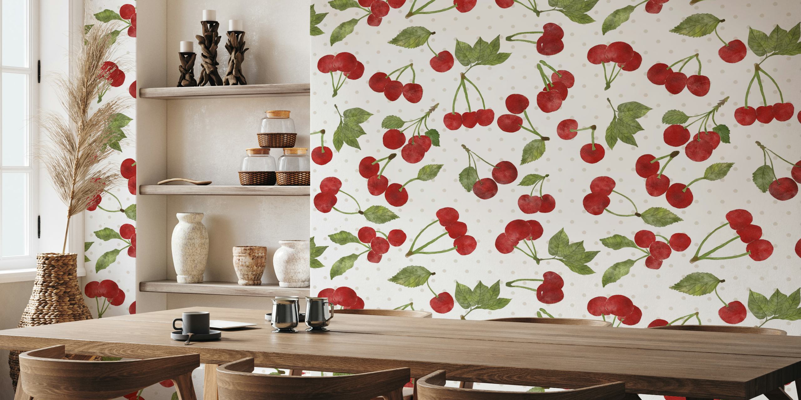 Red Watercolor Cherries Tapete in einem Zimmer