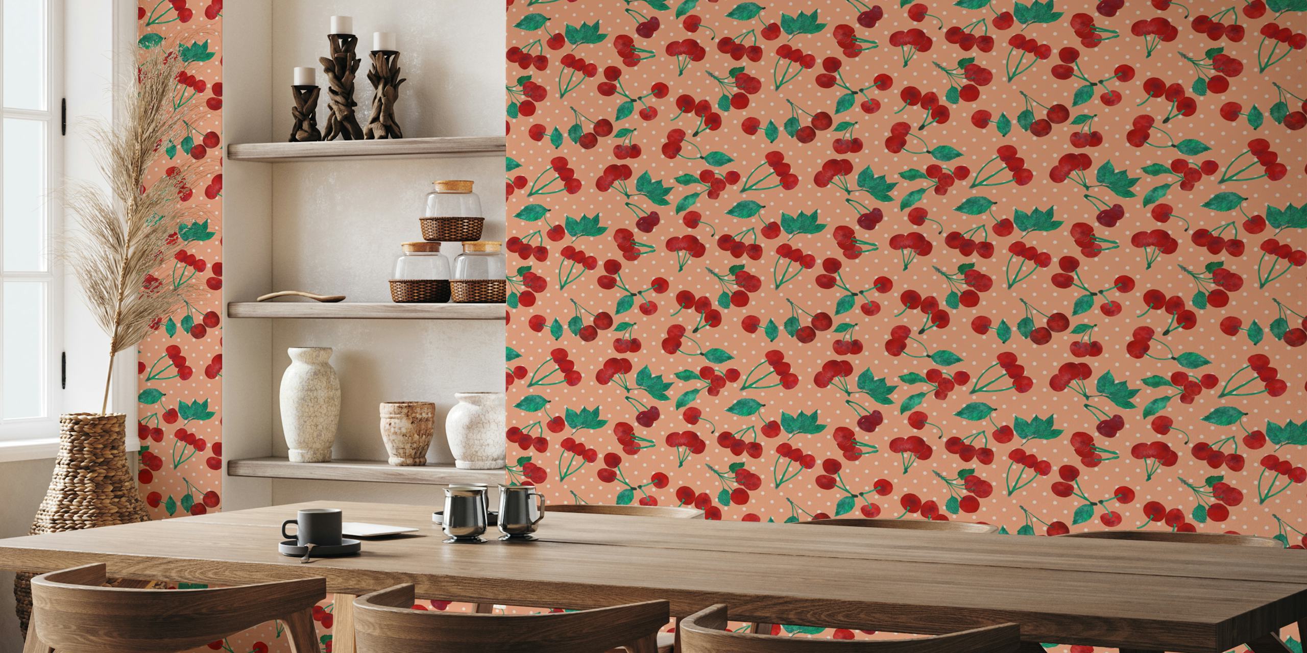 Red watercolor cherries wallpaper design