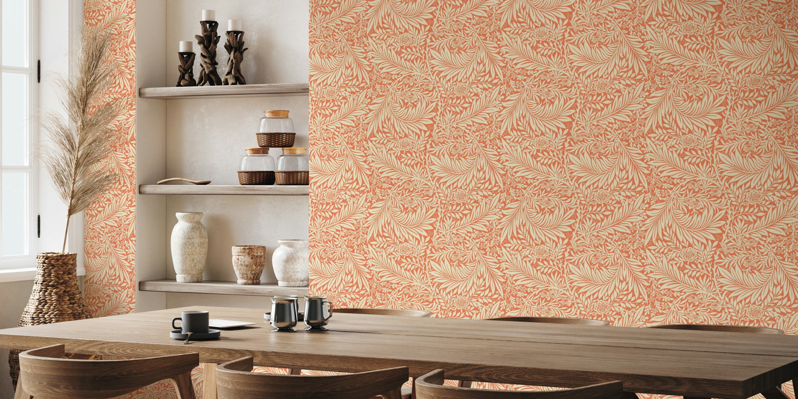 Floral leaves pattern in coral and cream wallpaper