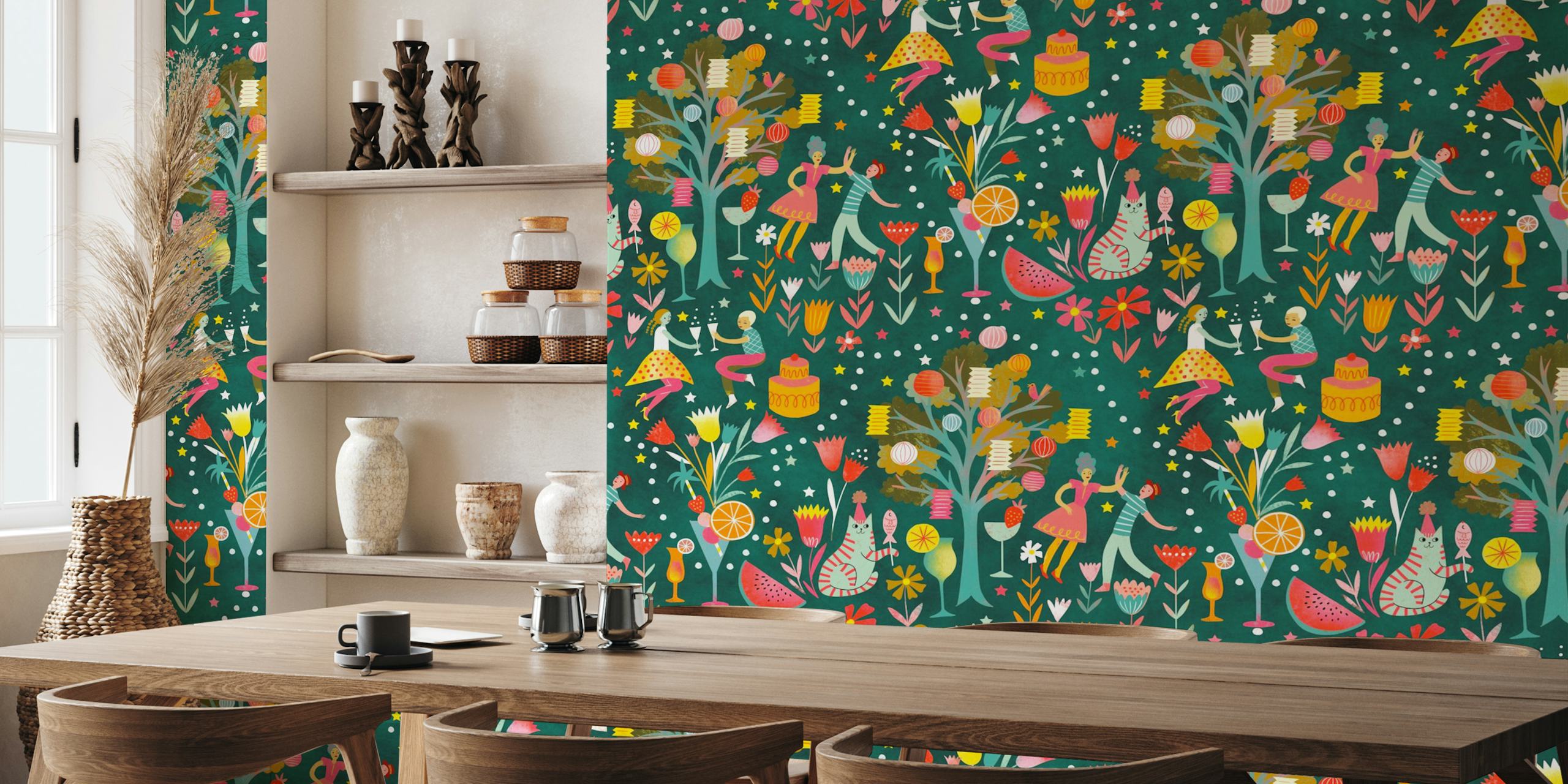 Colorful midnight summer garden party wallpaper