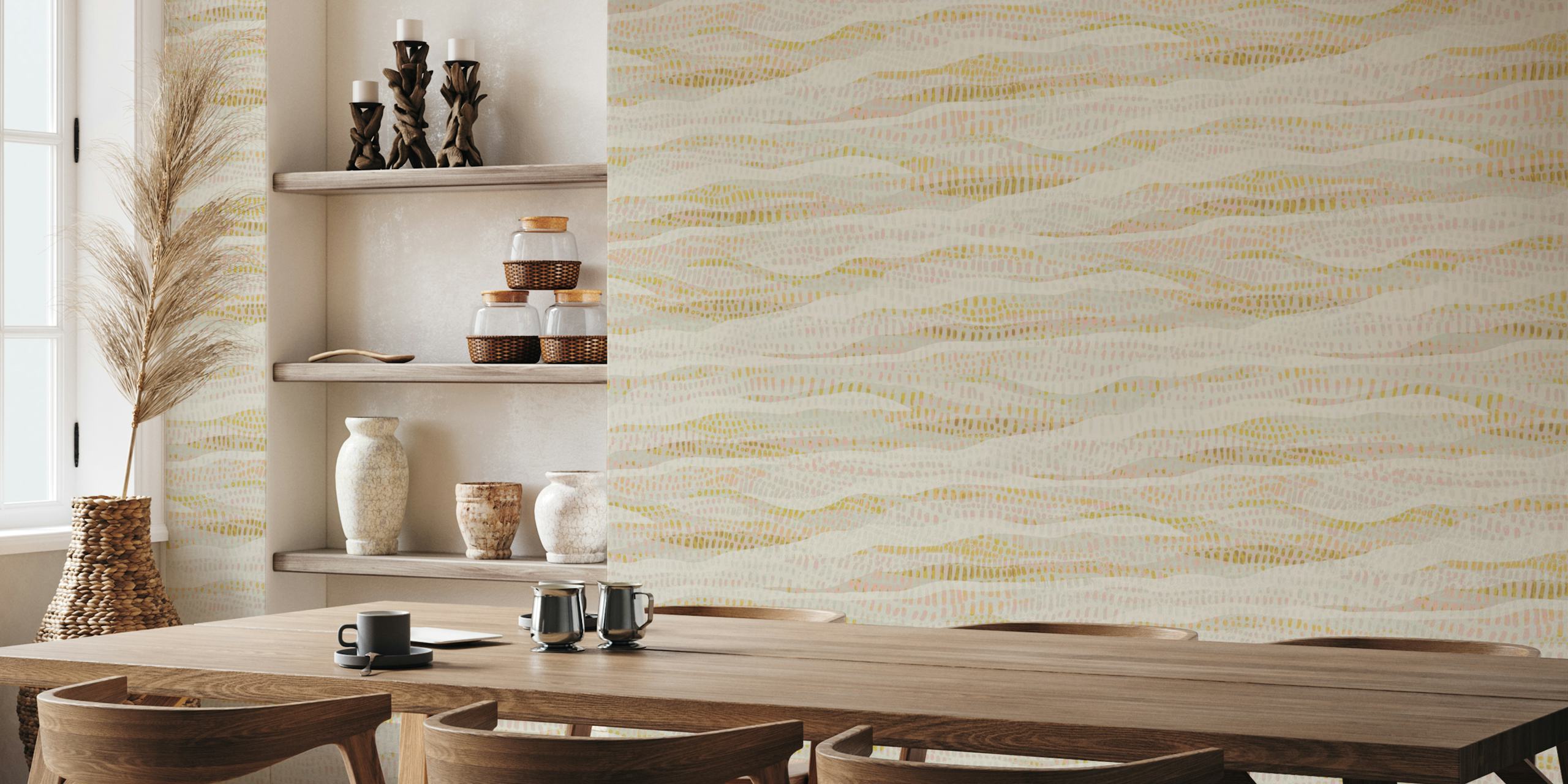 Papier peint mural abstrait avec des motifs ondulés dans les tons de vert et de rose