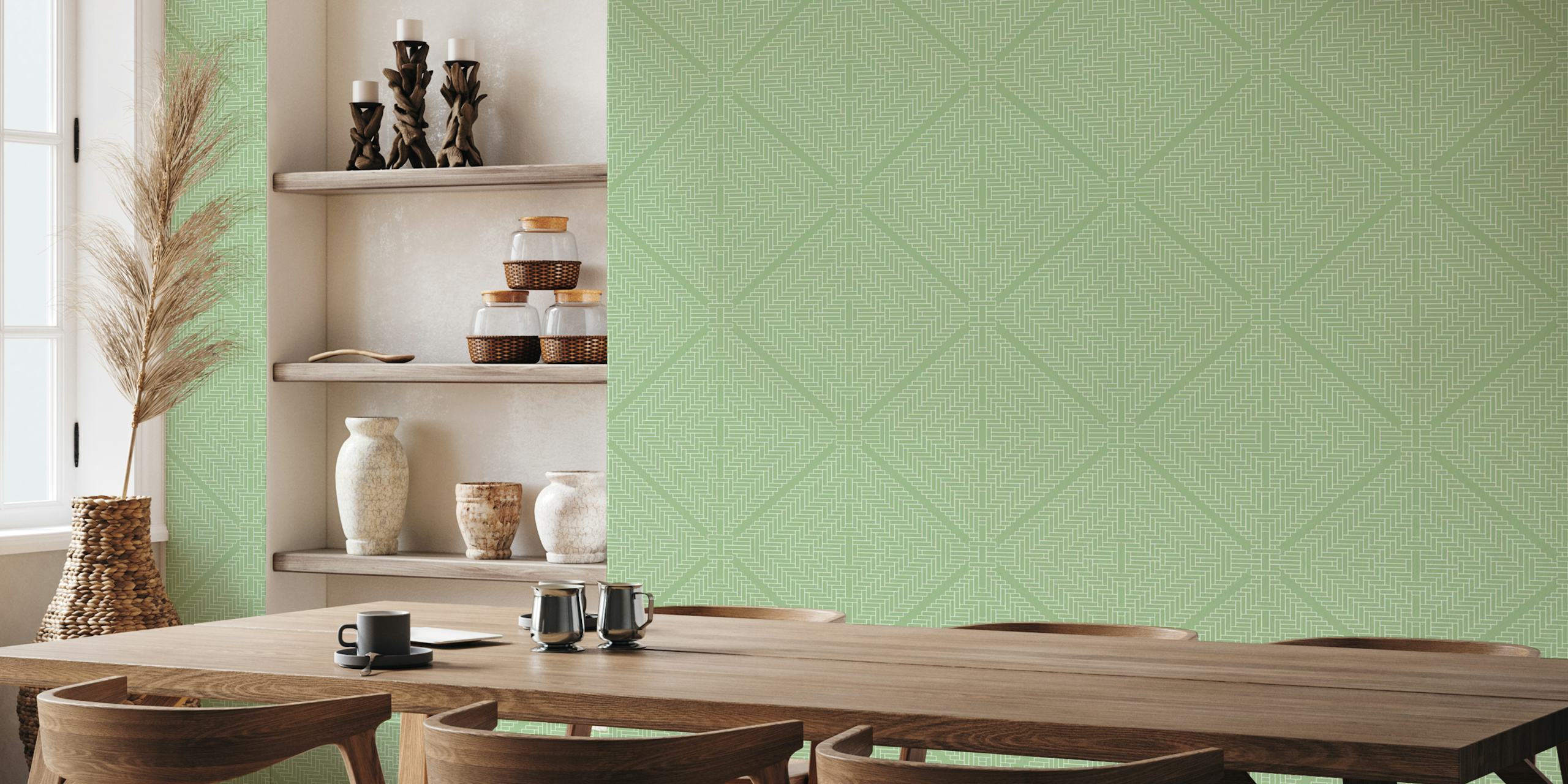 Rattan Tiles Sage Green wallpaper in a room