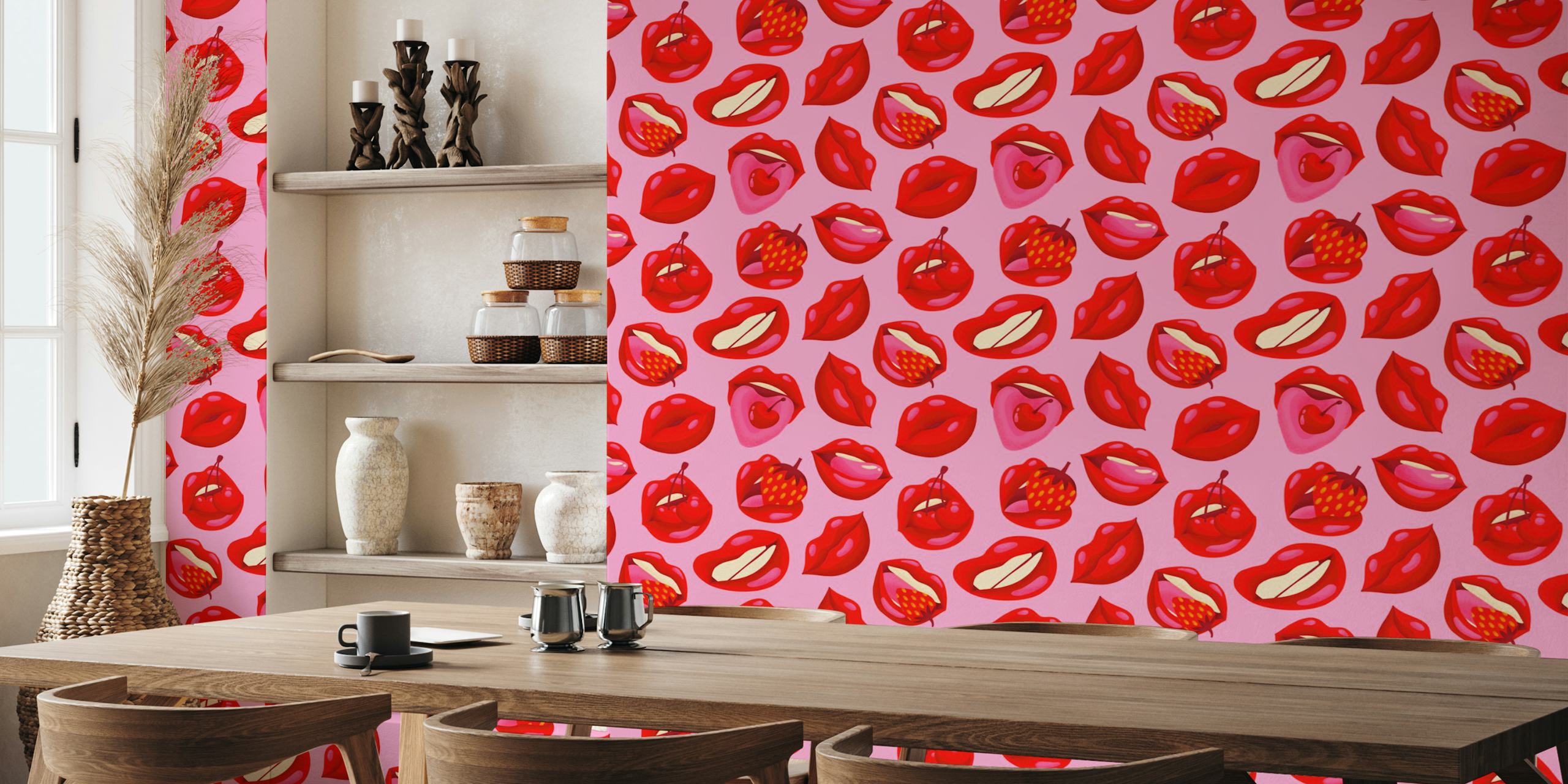 Rode lippen en fruitpatroon op roze achtergrond wallpaper