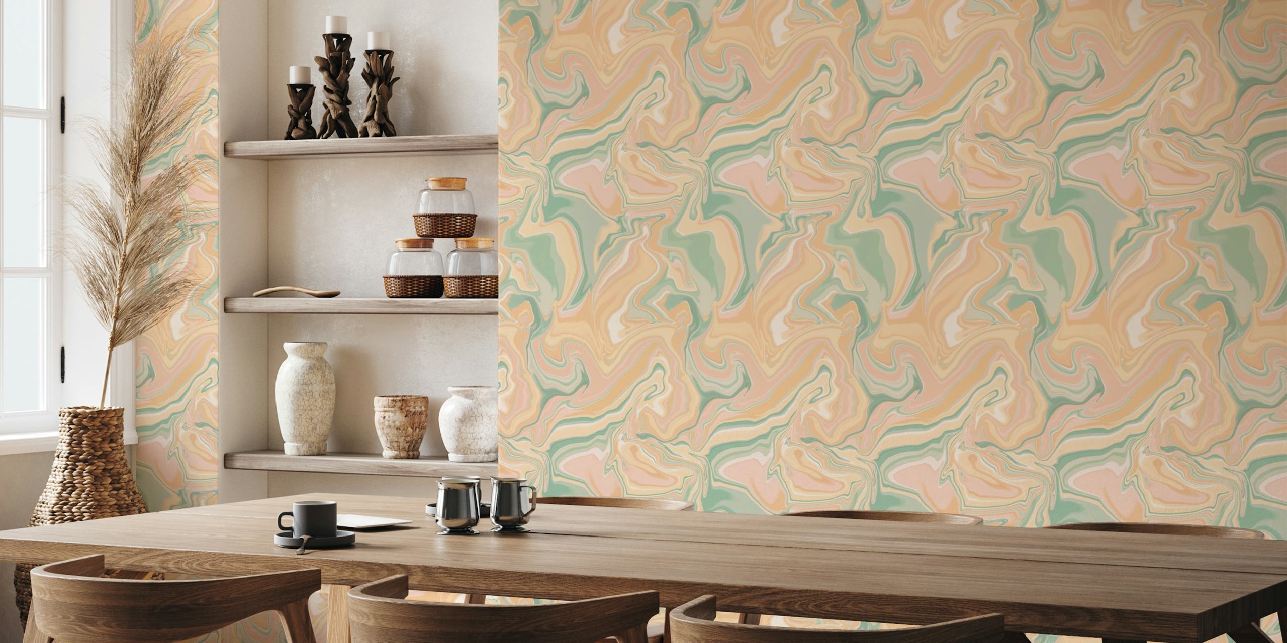 Pastel marble wallpaper with swirls of peach, mint green, and cream. Abstract design wallpaper