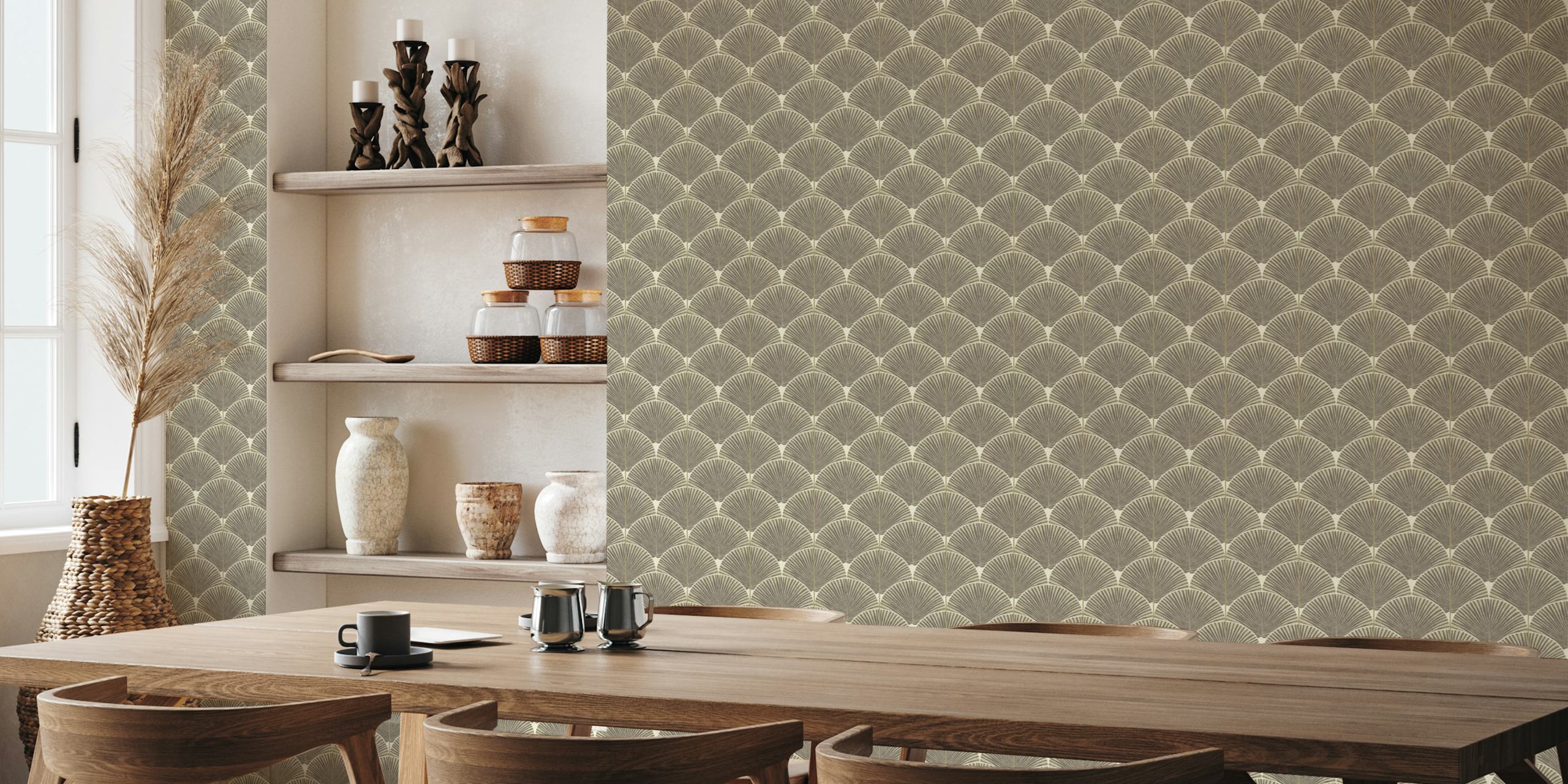Warm neutral Japandi palms wallpaper in a room