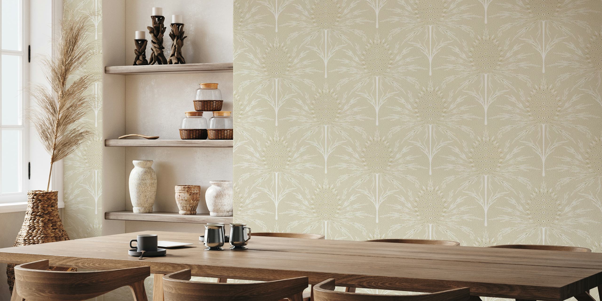 Beige floral wallpaper with intricate white thistle design