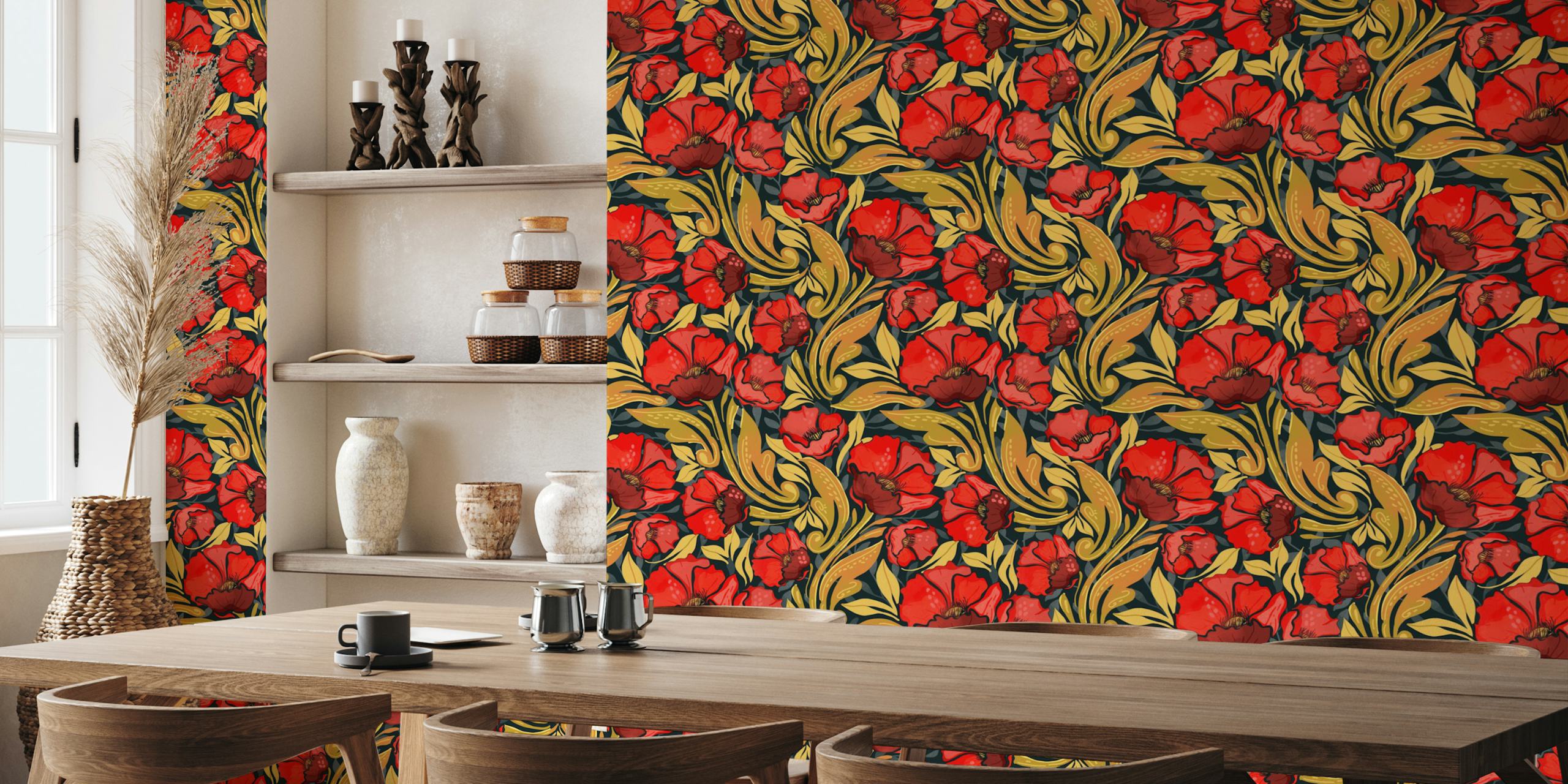 Red poppy flowers with green leaves on black background wallpaper