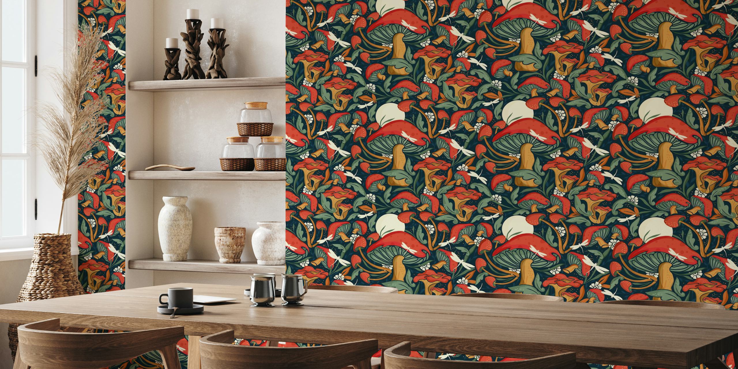 Fantasy-sopptapet full av røde og brune paddehatter med frodig grønt