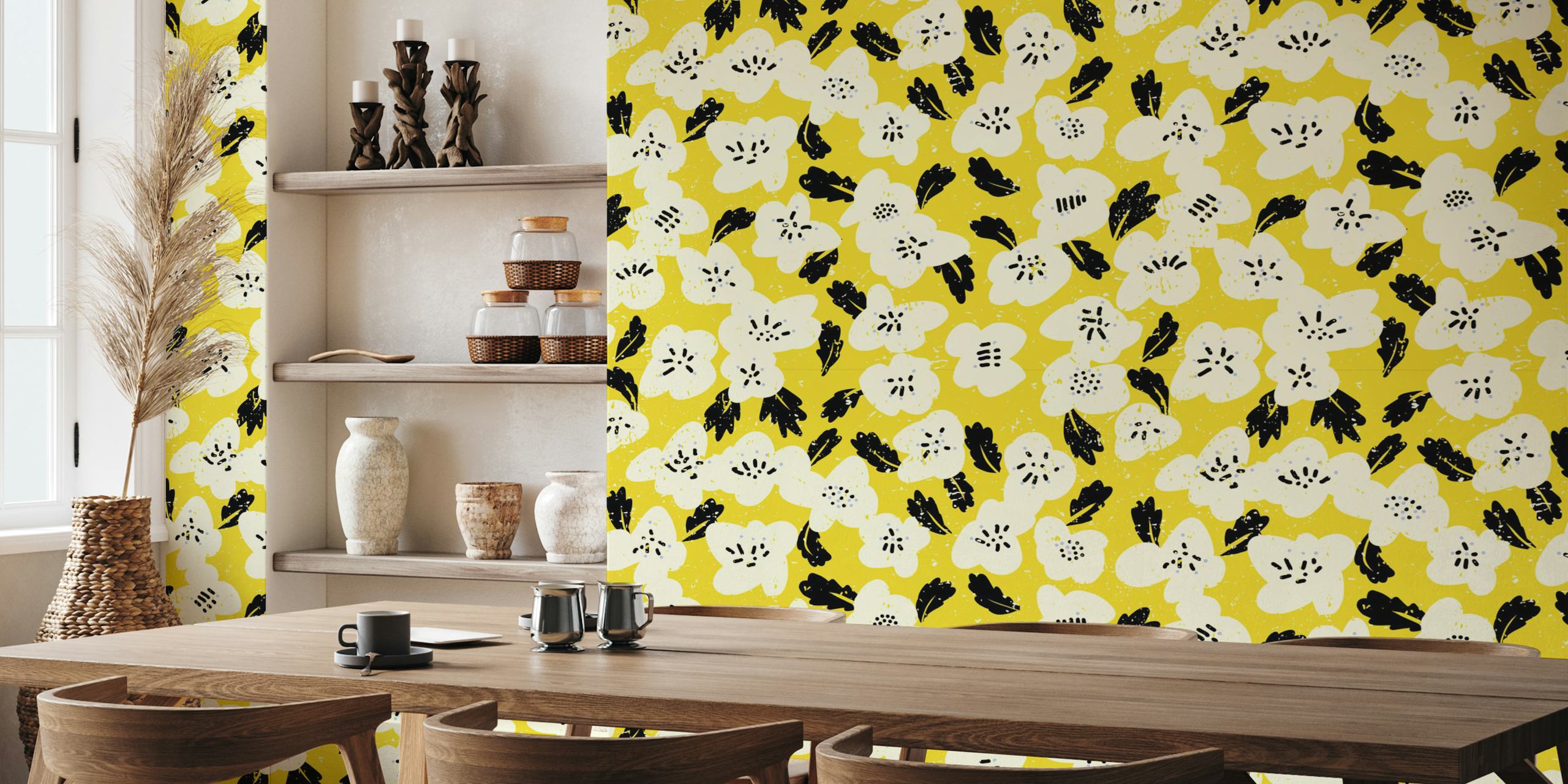 Bold flowers on yellow wallpaper in a room
