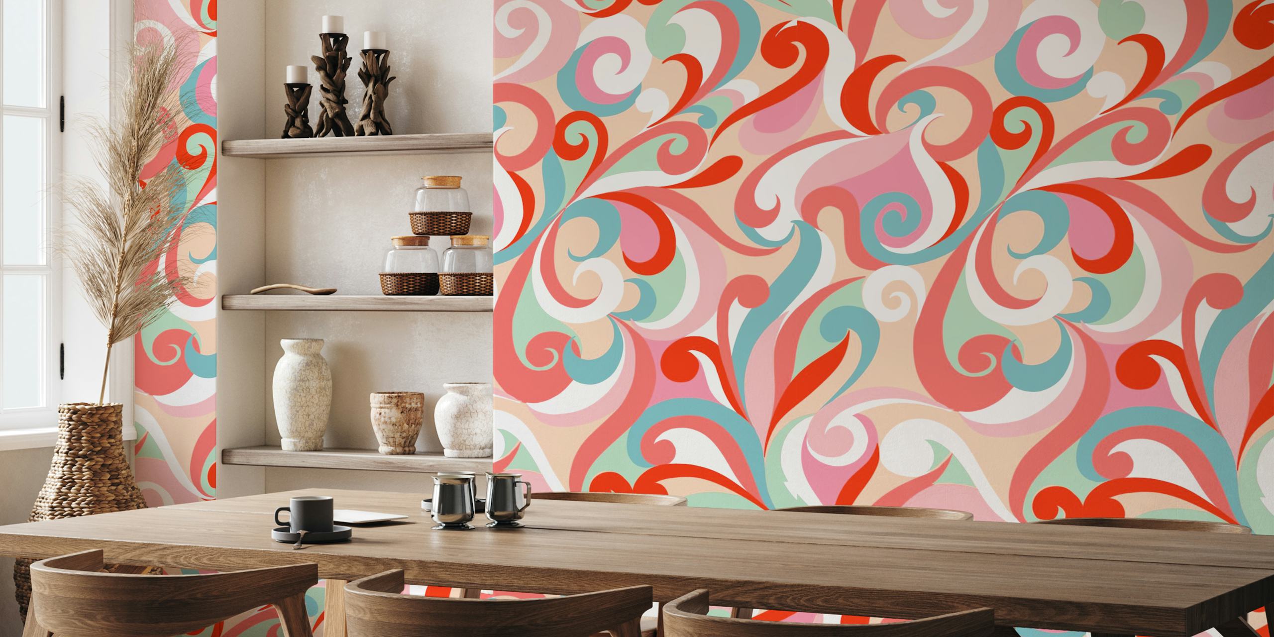Flourish and swirls pink red wallpaper in a room