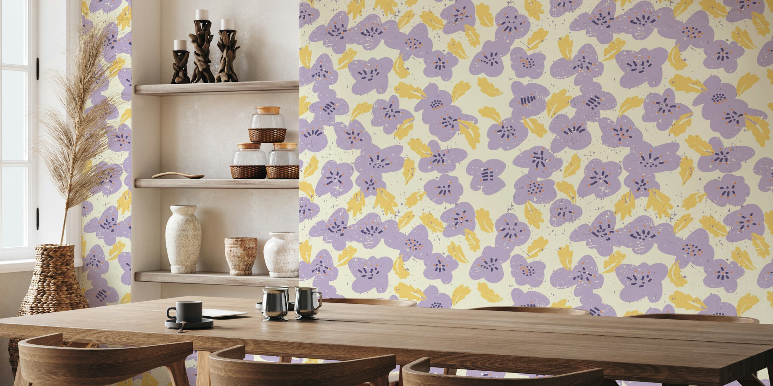 Lavender floral design with yellow leaves on cream background wallpaper