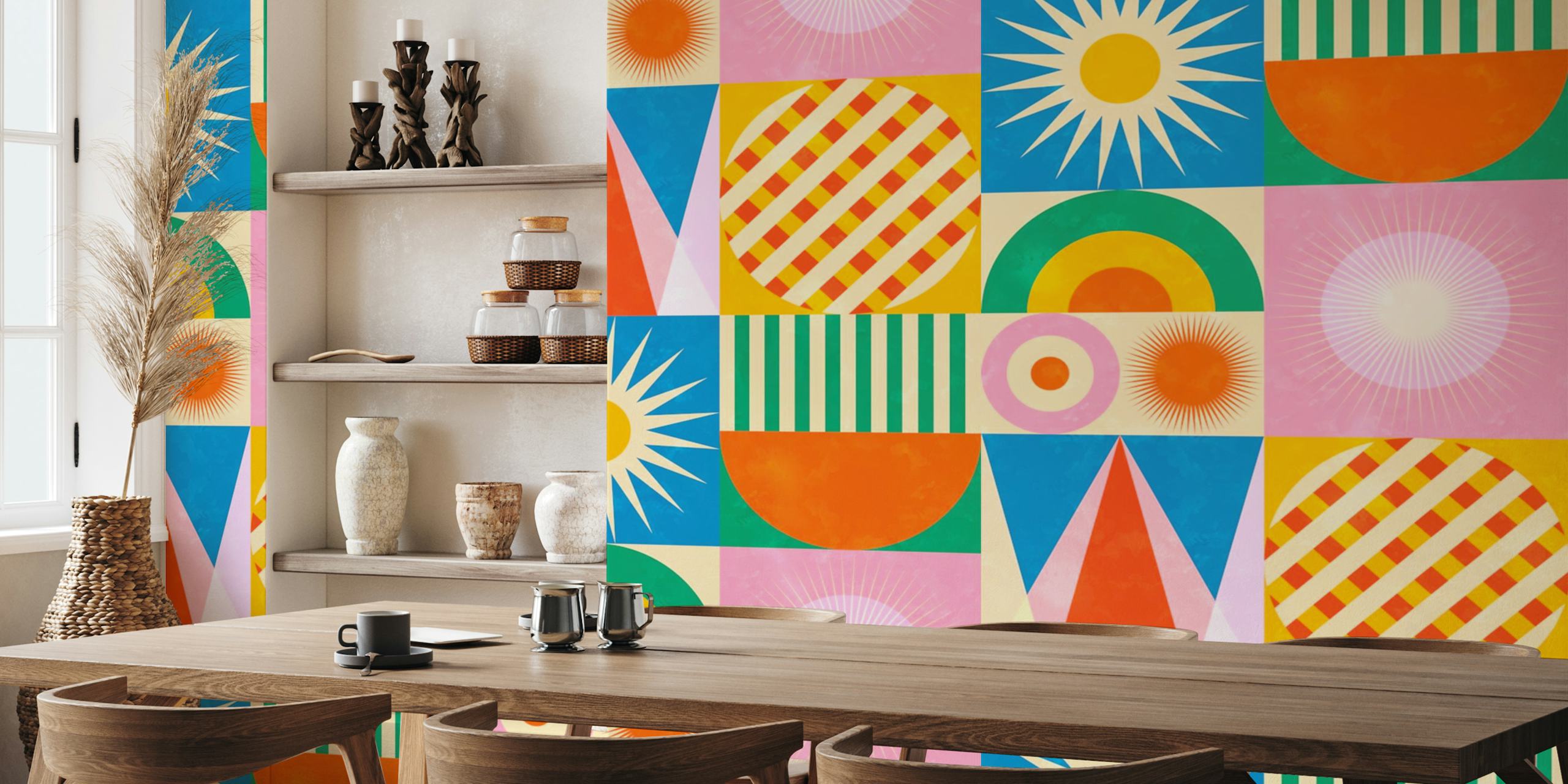 Colorful geometric pattern with vibrant shapes and colors wallpaper