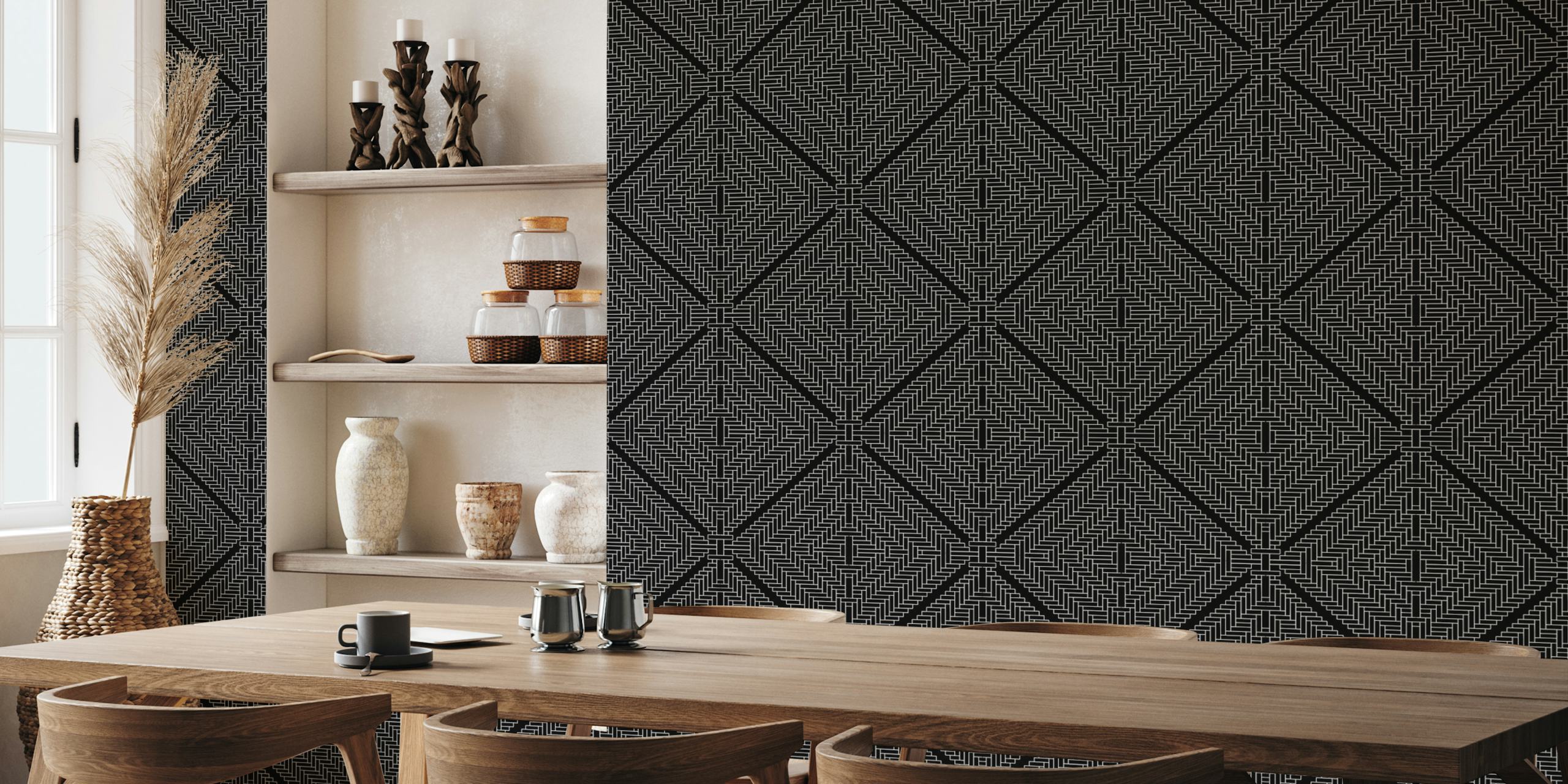Black and white geometric patterned wallpaper