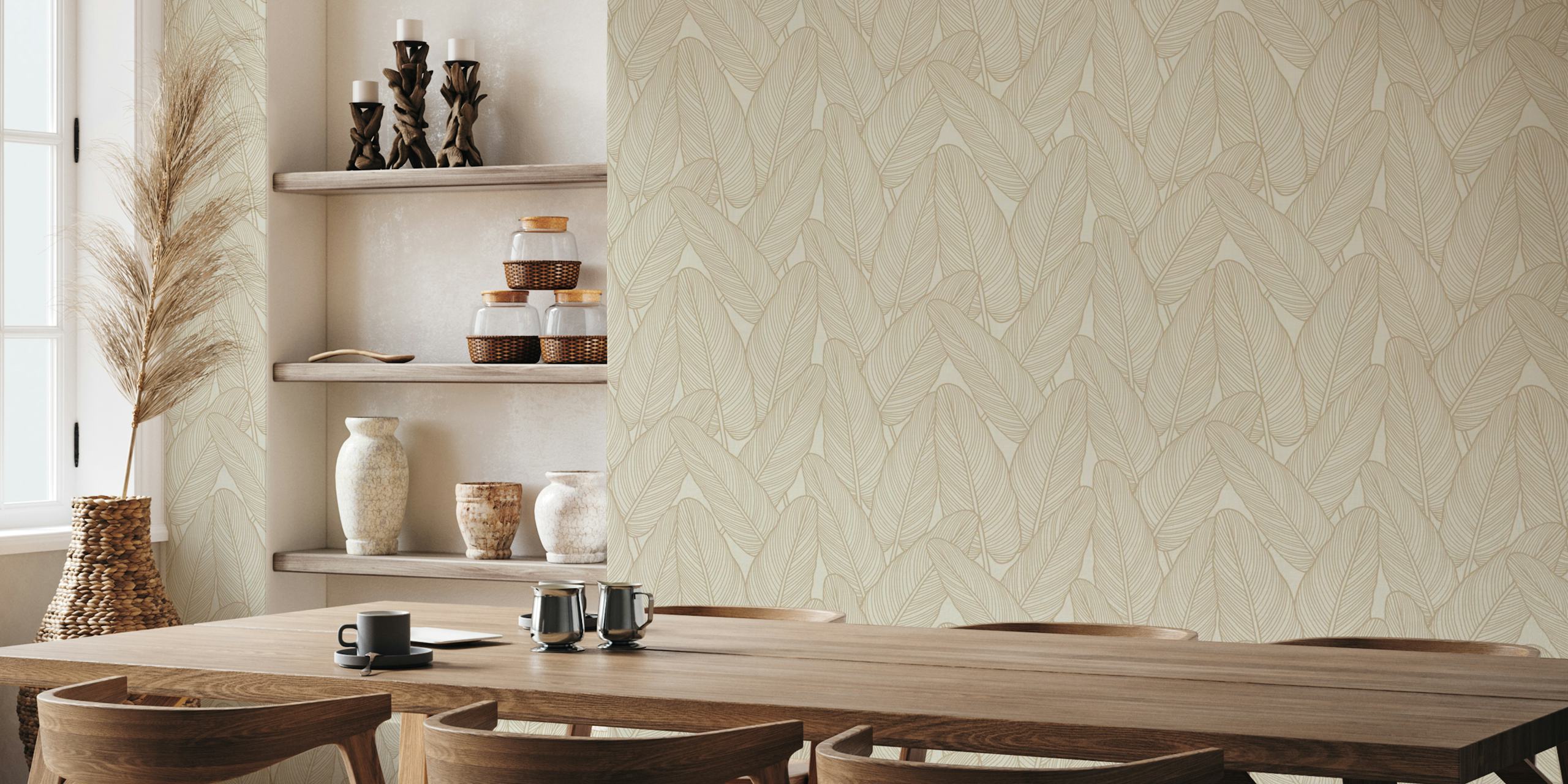 Line art leaves in warm beige tones minimalist wallpaper