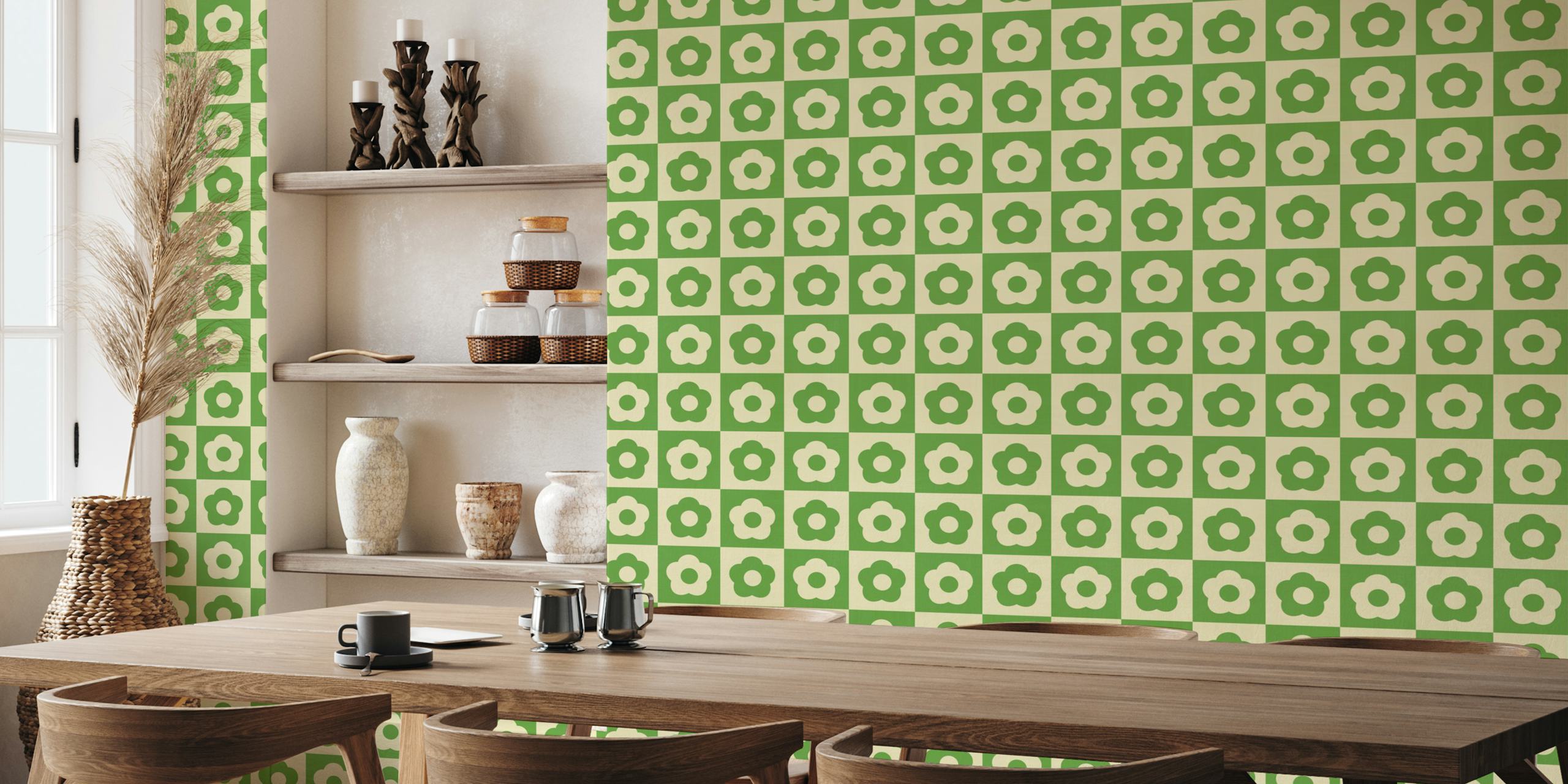 Motif floral rétro sur damier vert et crème wallpaper