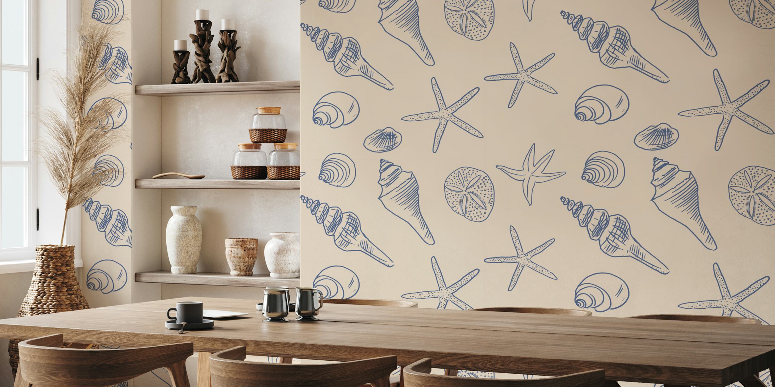Seahorse and shell patterns in blue on ivories wallpaper