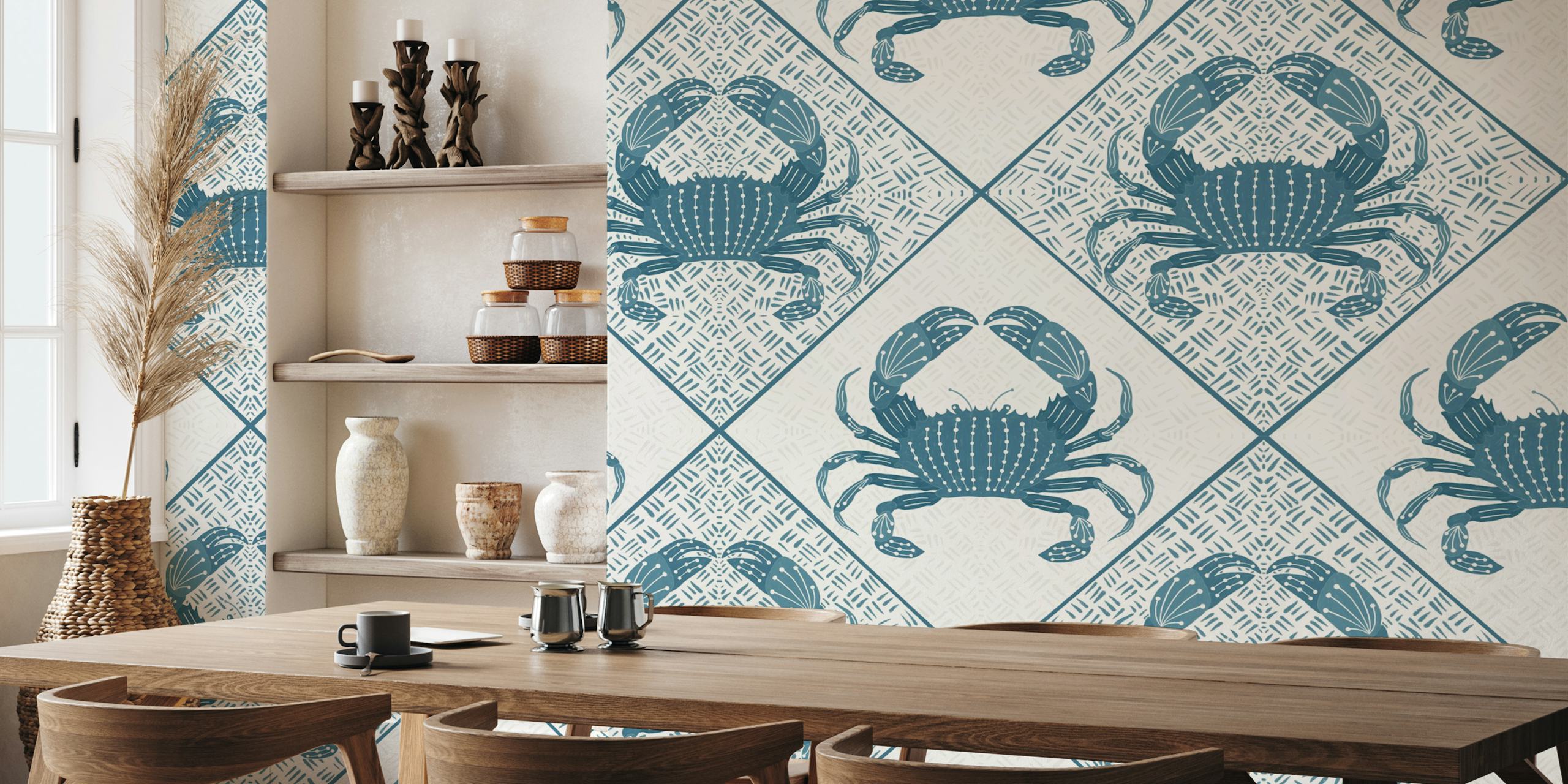 Blue Crab Cove wall mural featuring symmetrical crab motifs in blue and white.