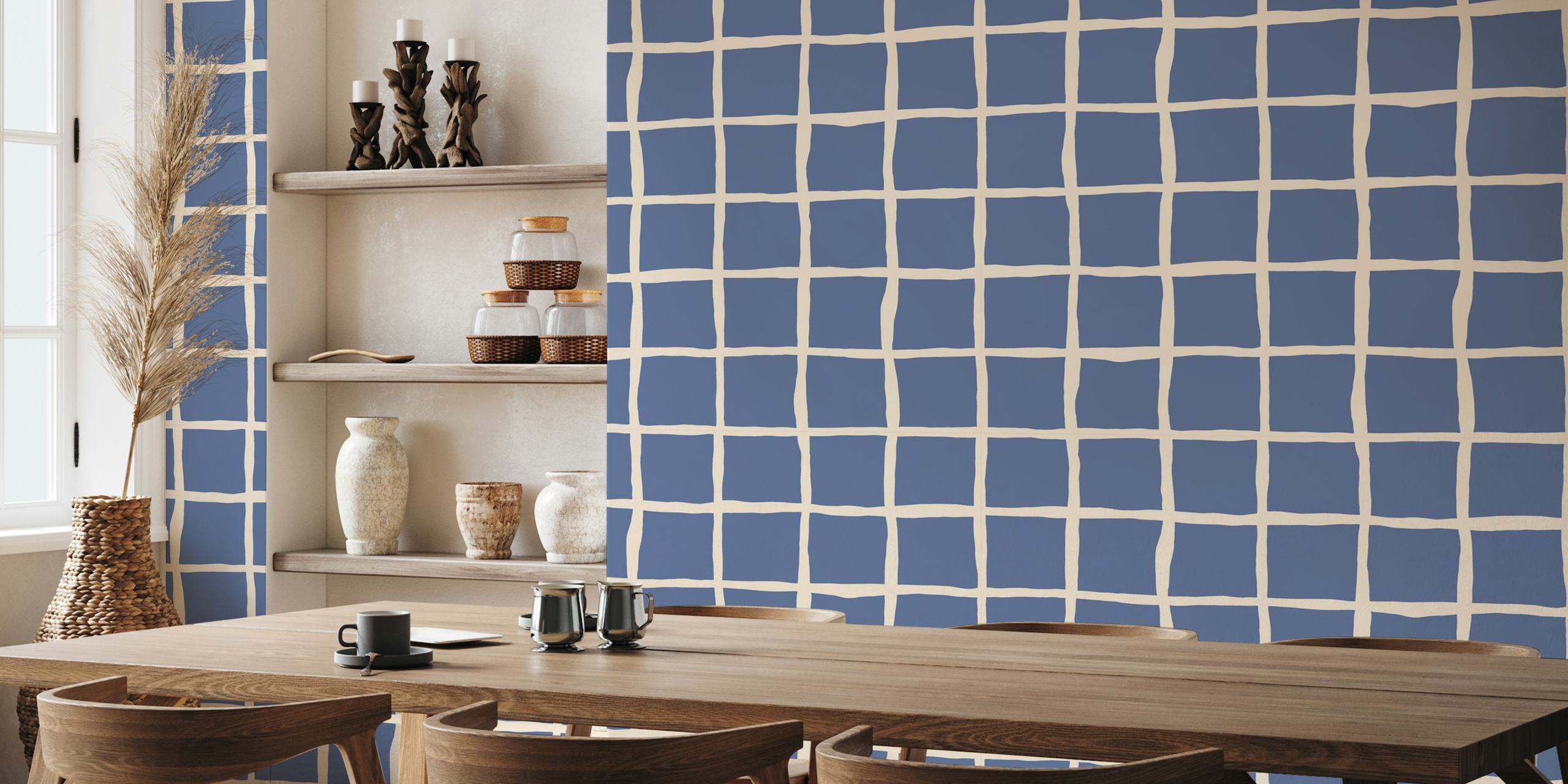 Papel tapiz Nautical blue checkers grid en una habitación
