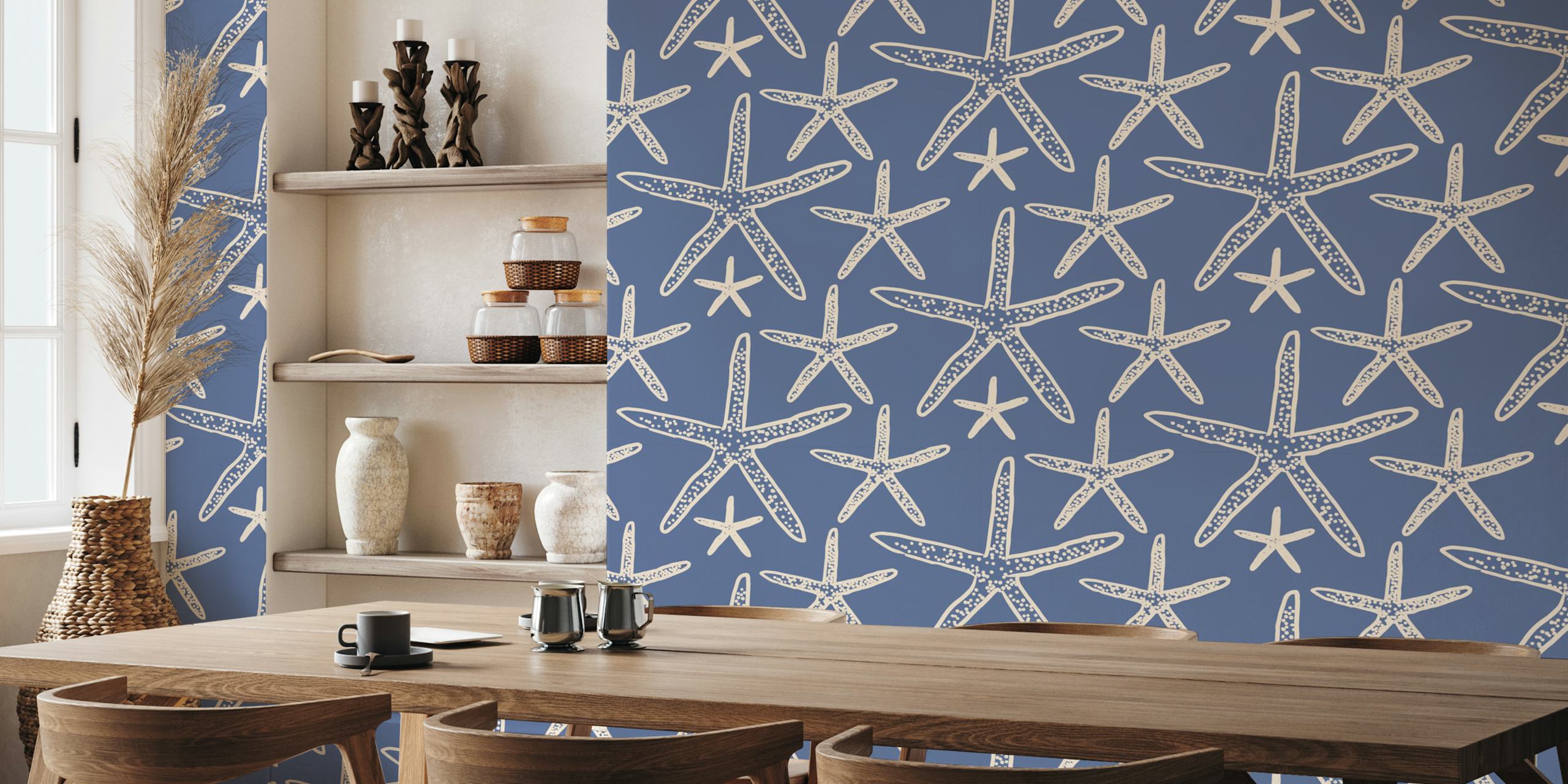 Blue starfish pattern against a navy background wallpaper