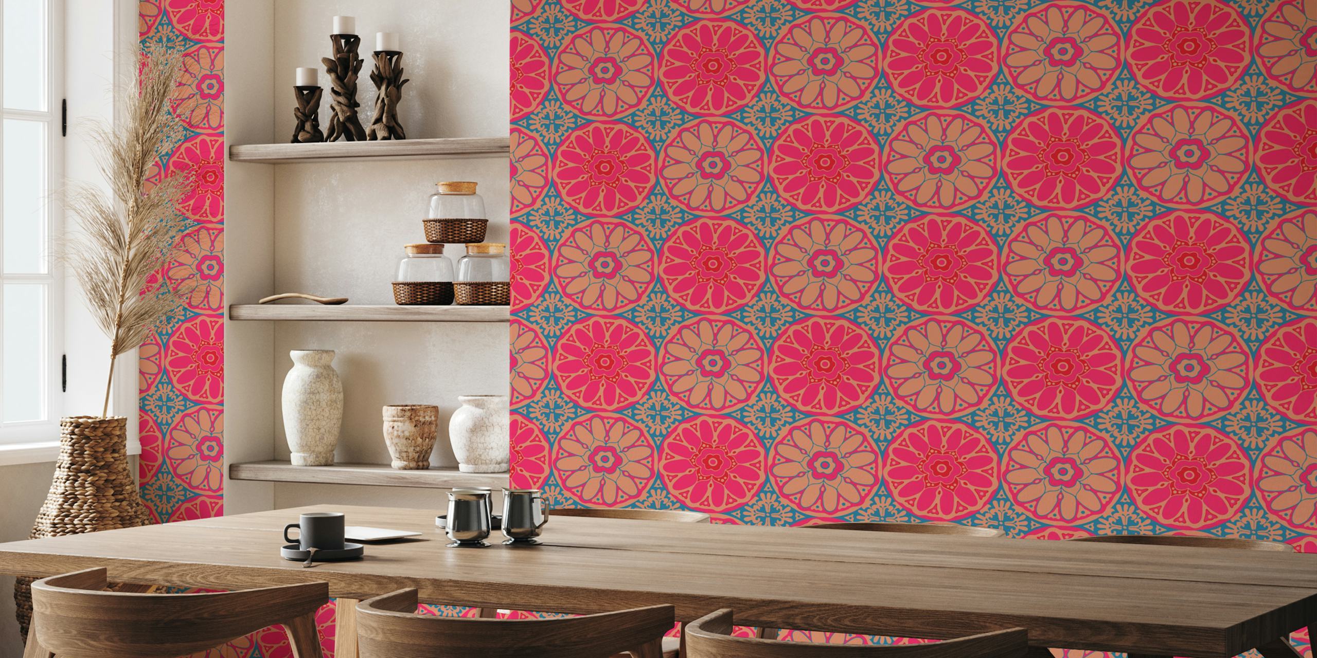 Pink blue mandala wallpaper in a stylish room