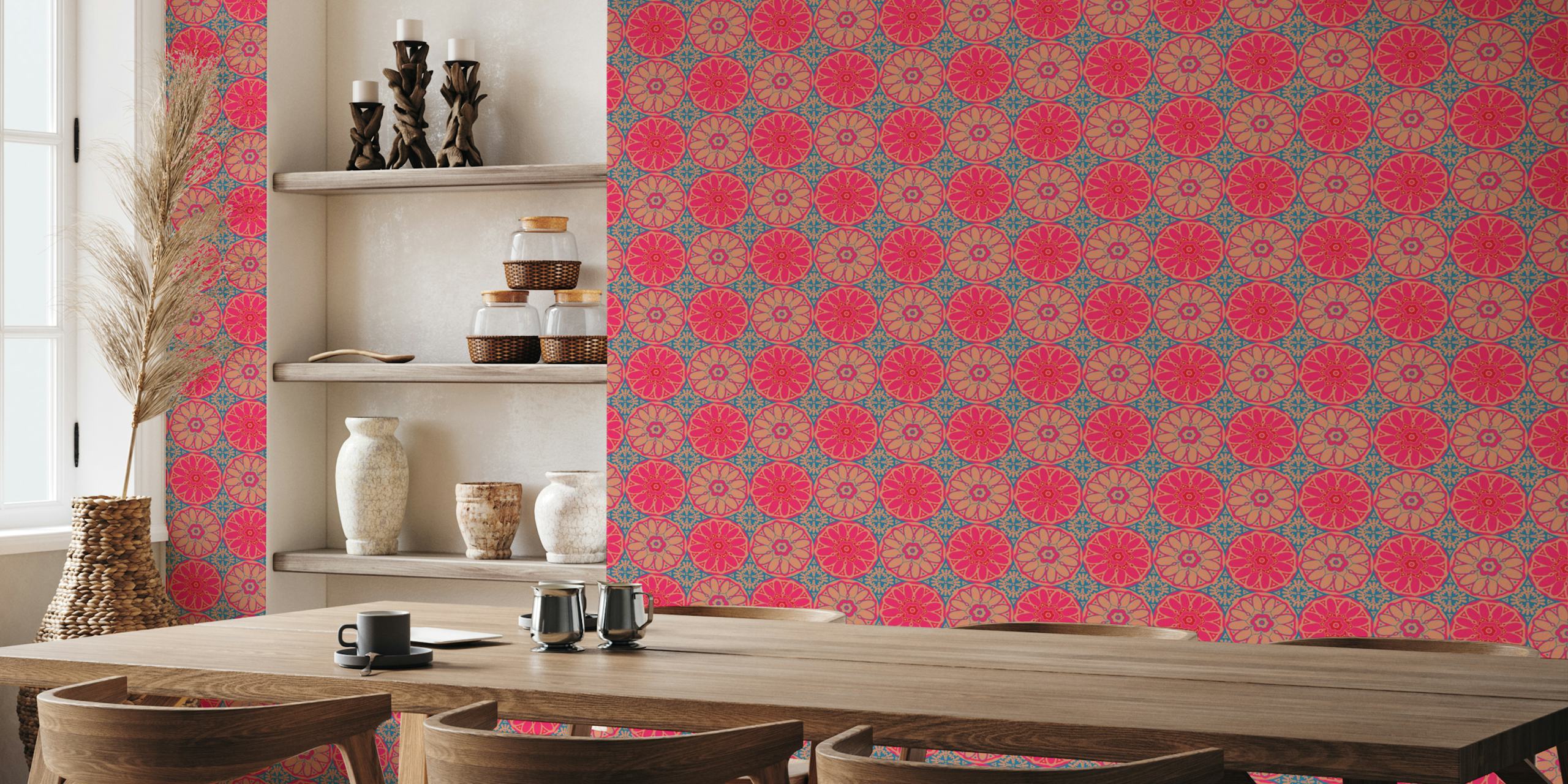 Fotomural de mandala bohemio en rosa y azul en happywall.com