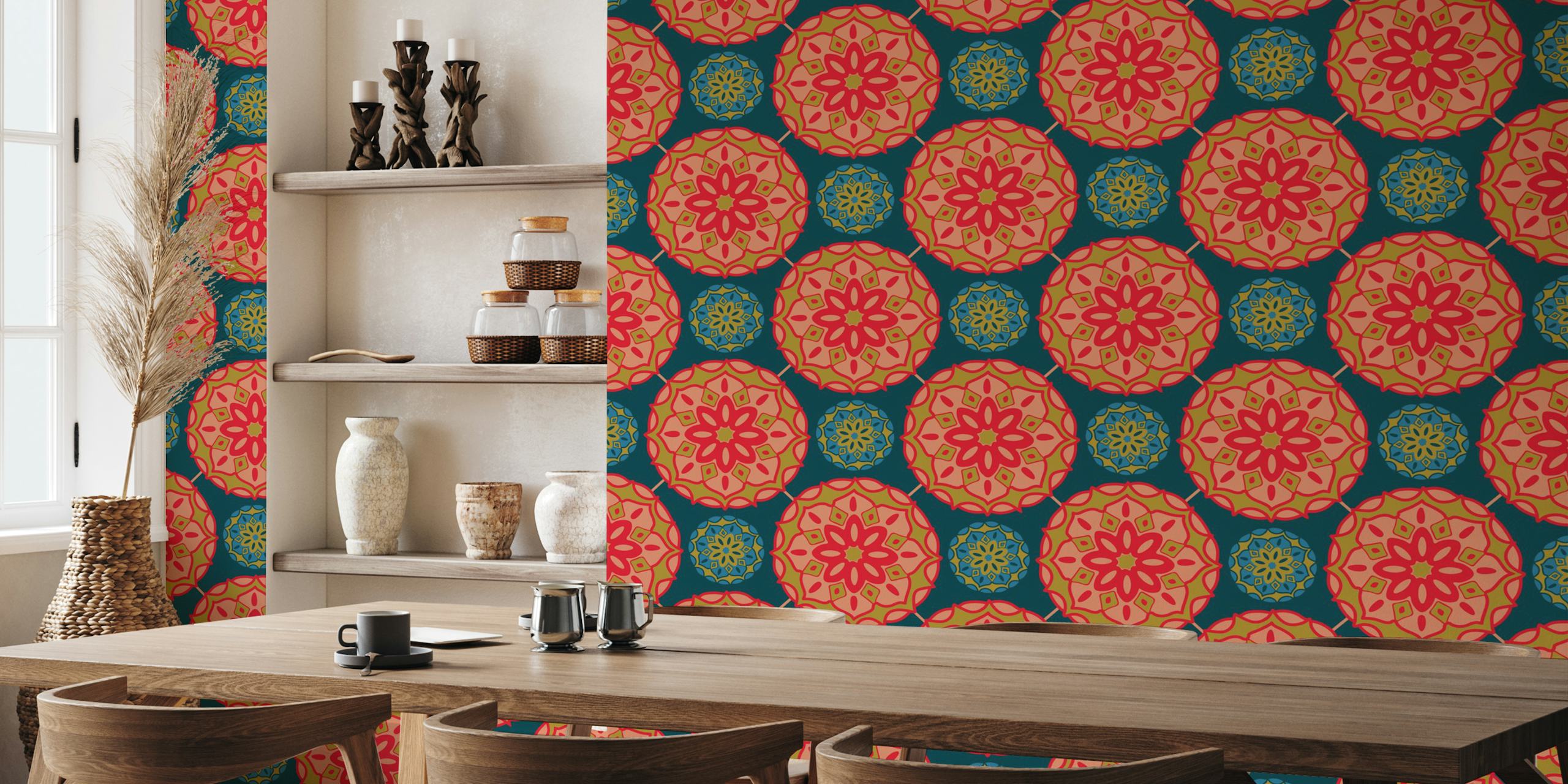 Bohemian Floral Mandala Red wallpaper in a room