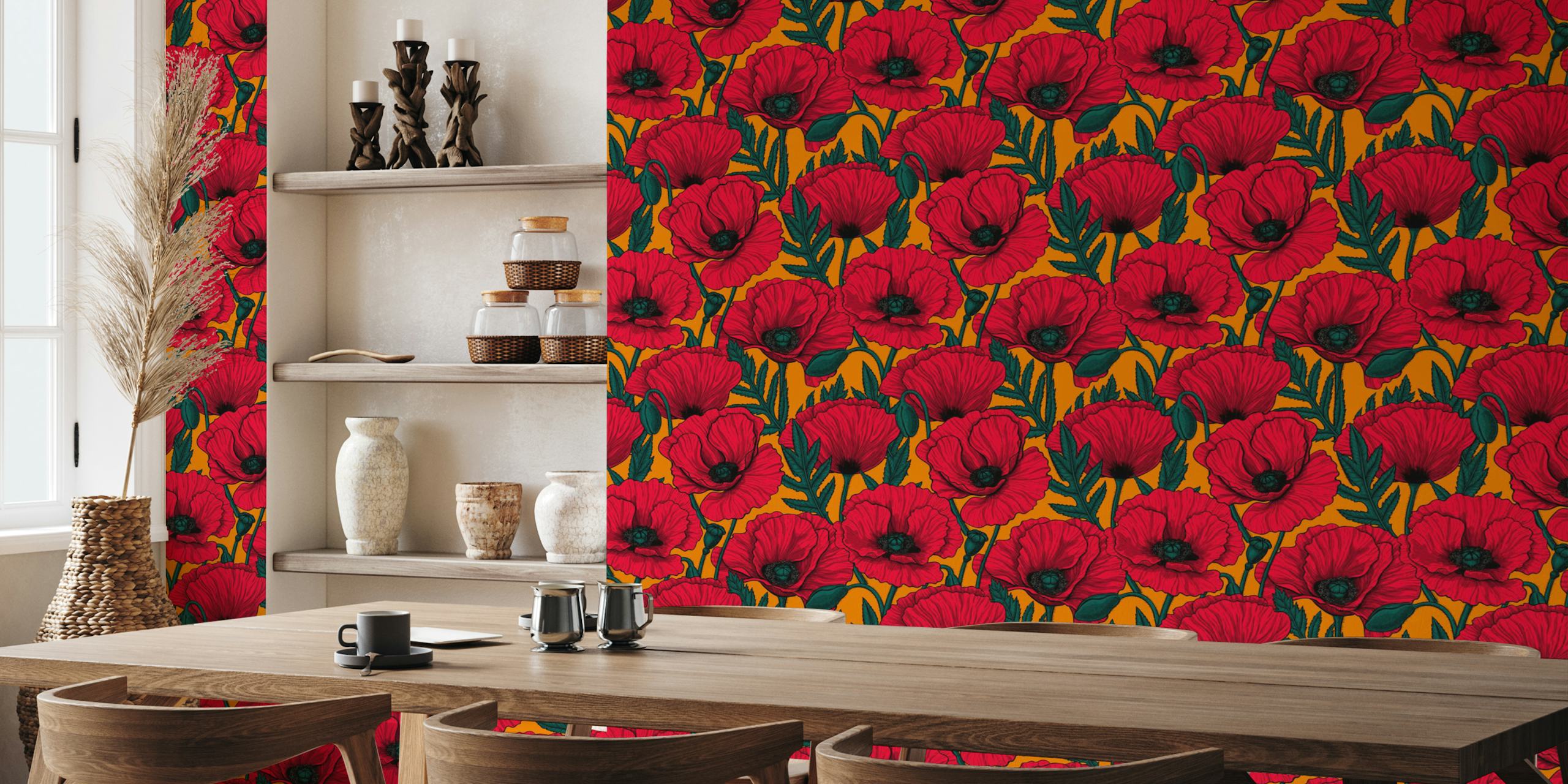 Papel de parede Red poppy garden exibido em um quarto