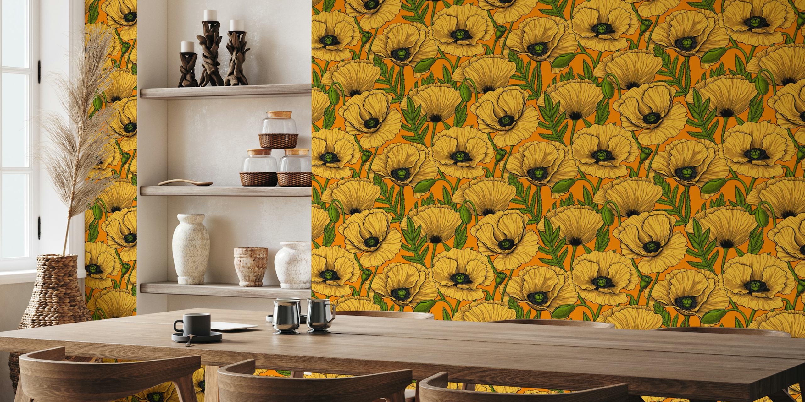Yellow poppy flowers wall mural on a warm background for home decor