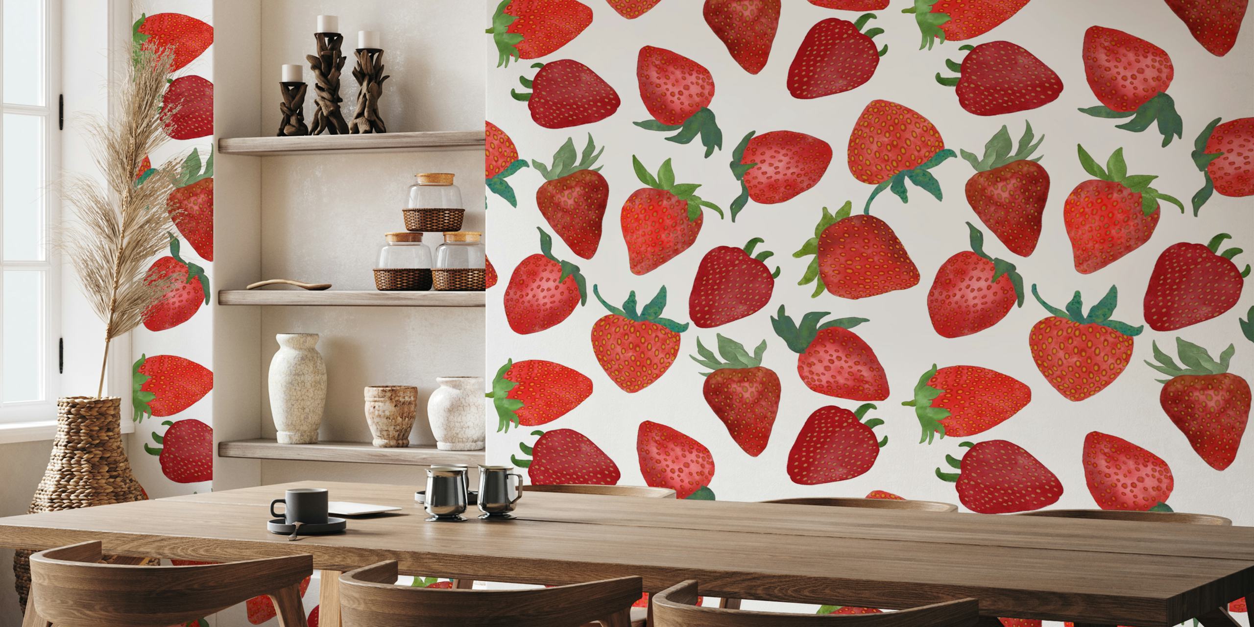 Watercolor strawberries in red with green leaves wallpaper
