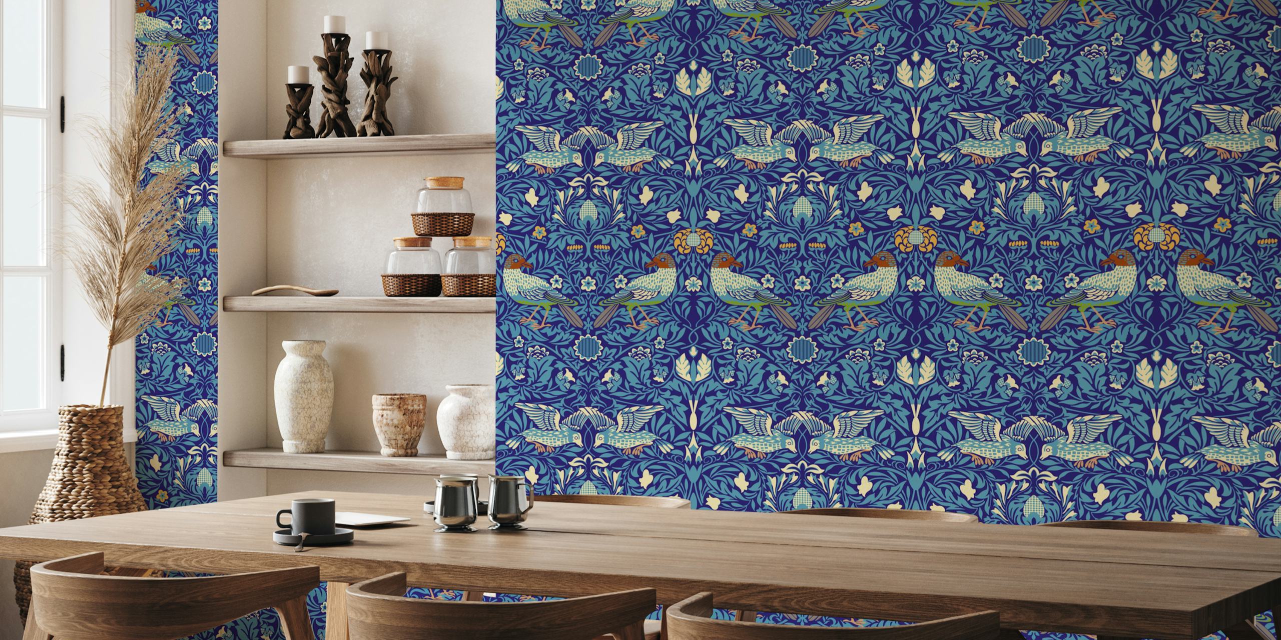 Victorian Birds Pattern - Blue papel de parede em um quarto
