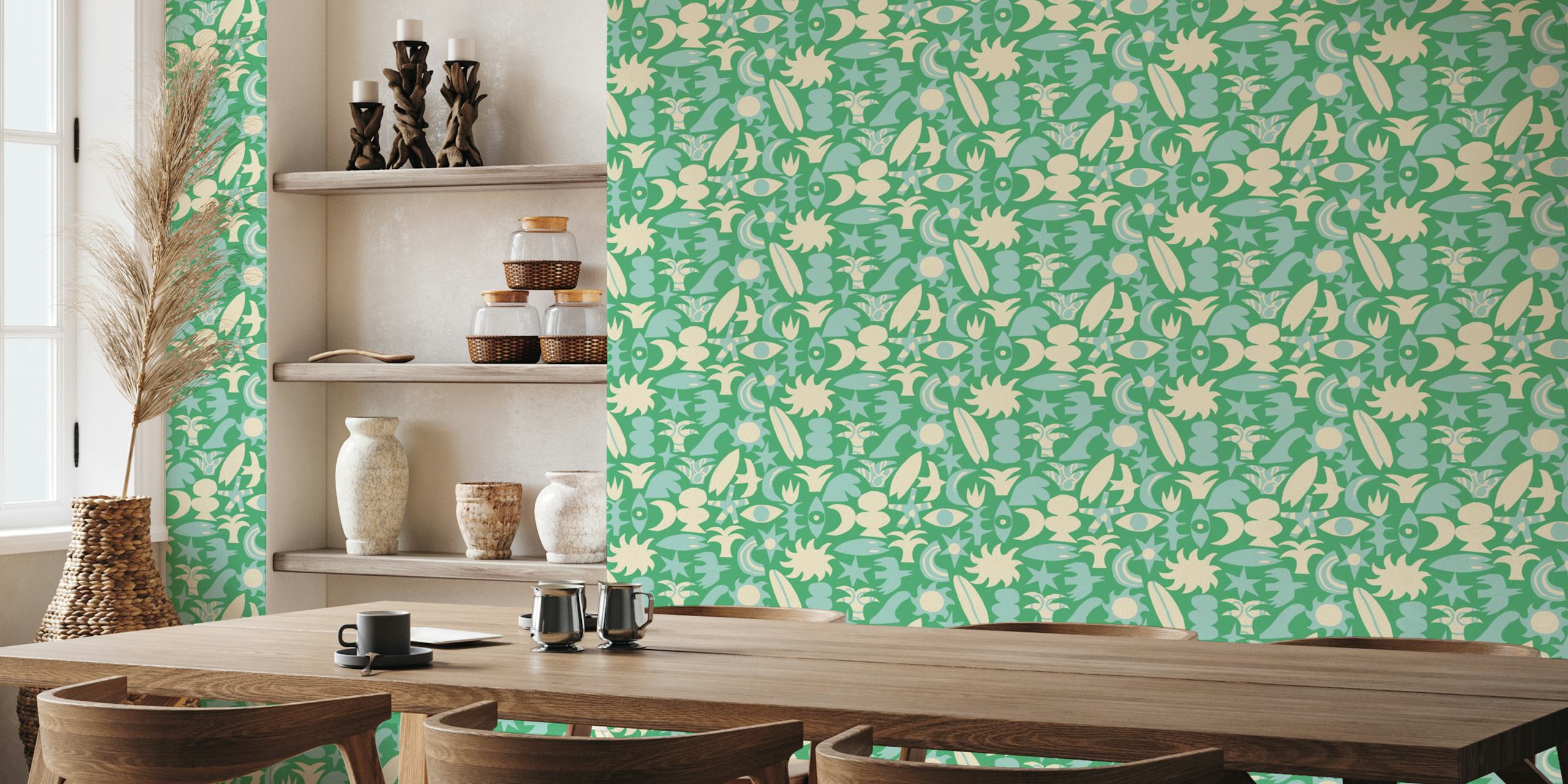 Vibrant green wallpaper design with playful patterns