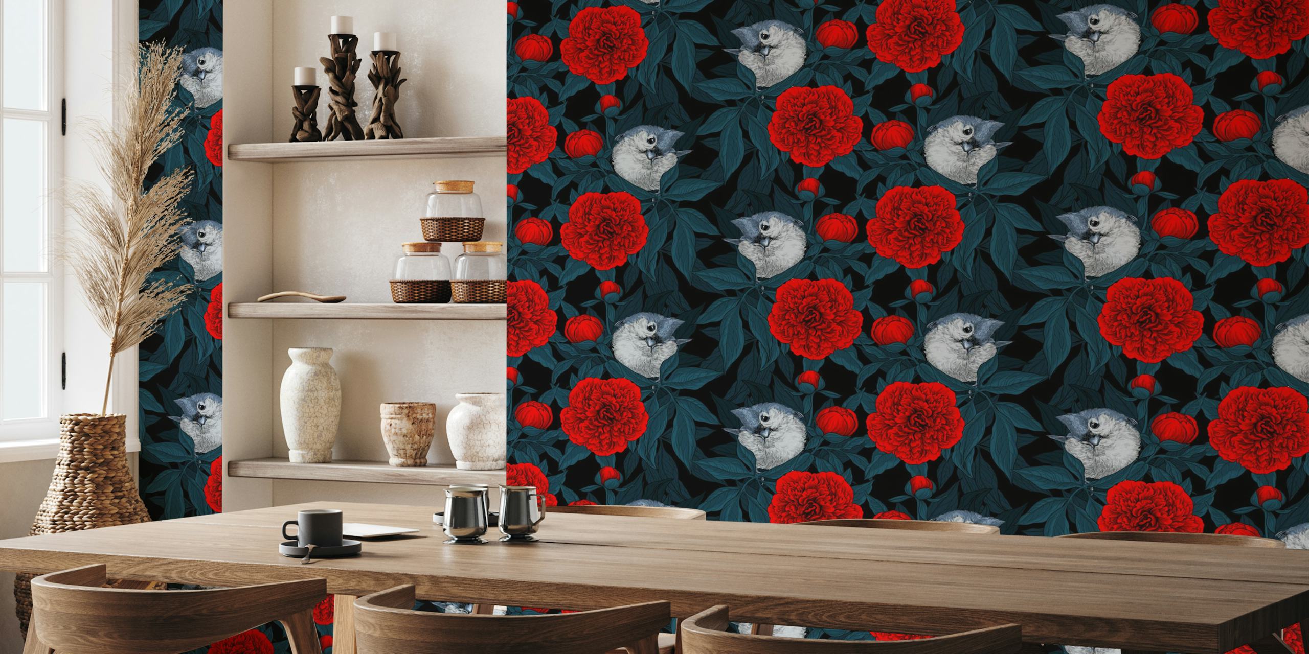 Wallpaper featuring birds and red peony flowers