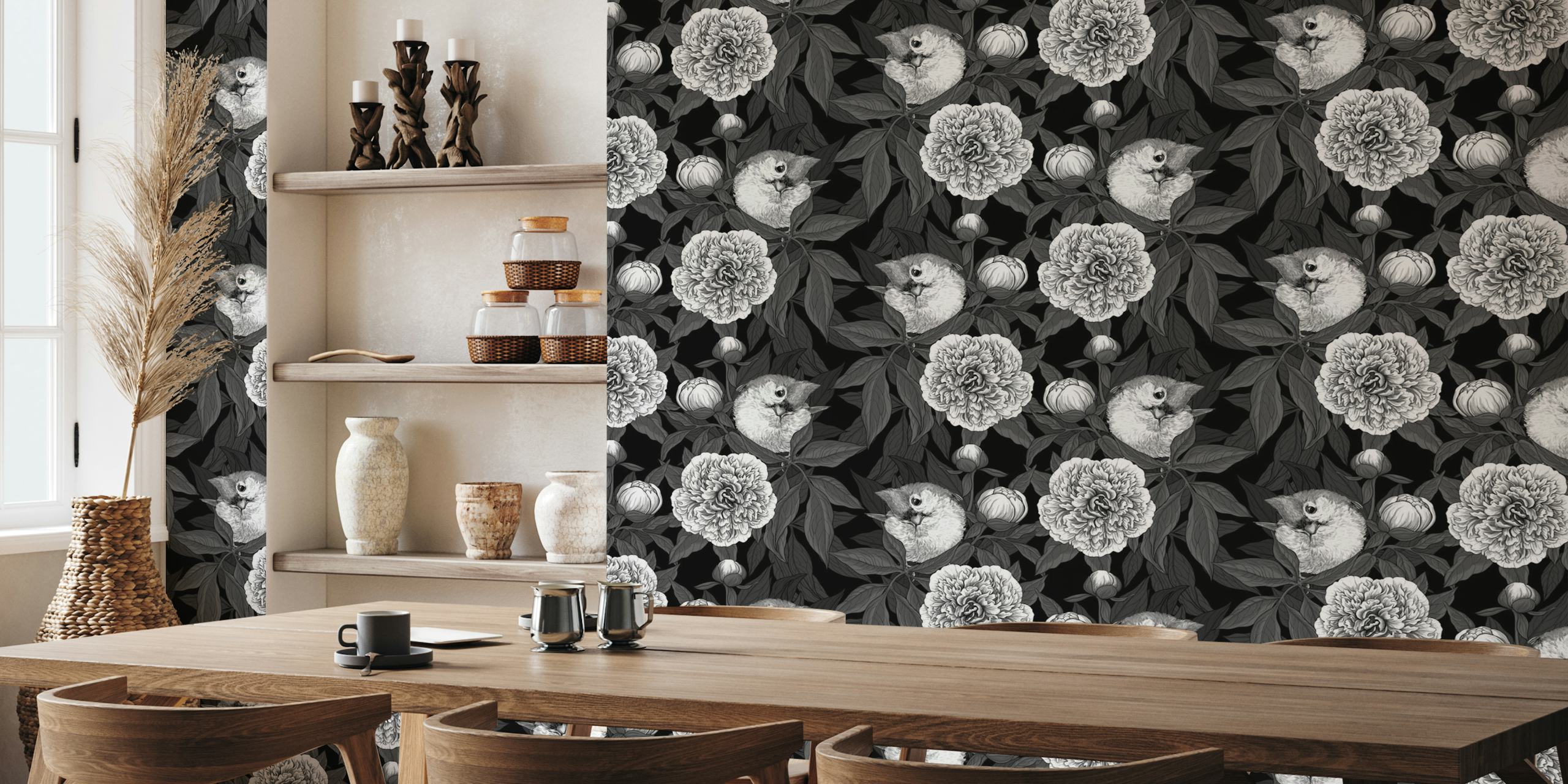 Monochrome wallpaper with Birds and peony flowers