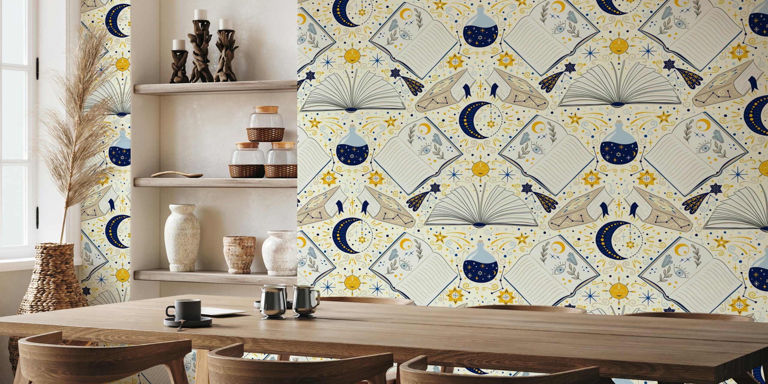 Celestial book bright academia wallpaper in a room