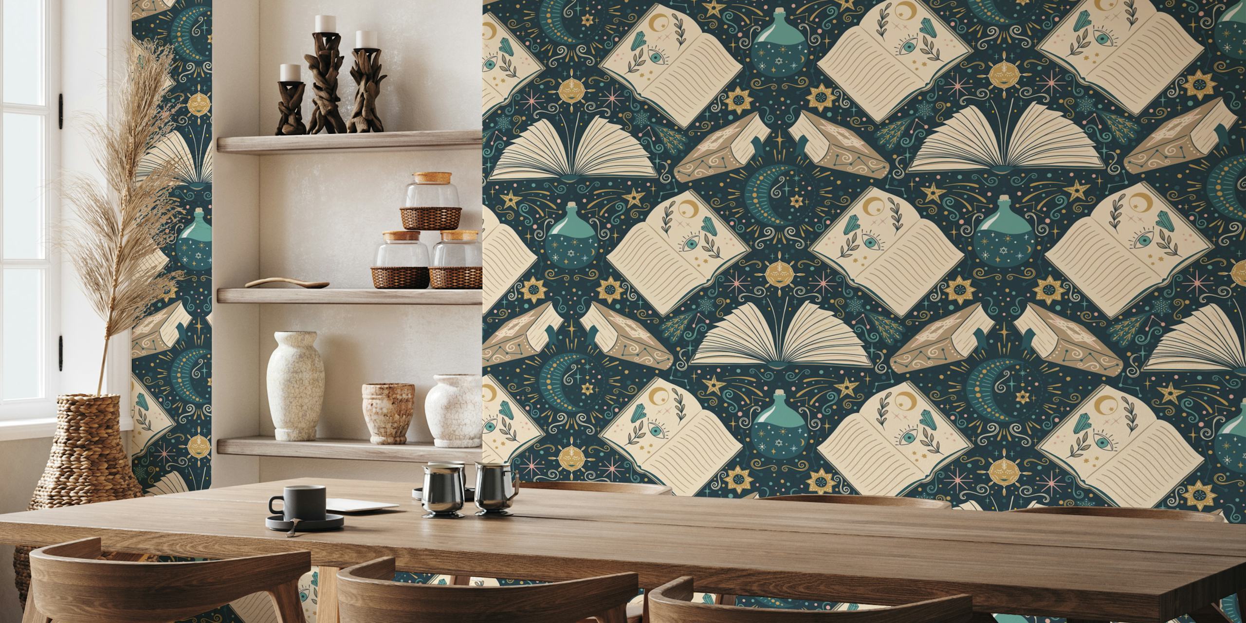 Celestial books wallpaper design i et rum