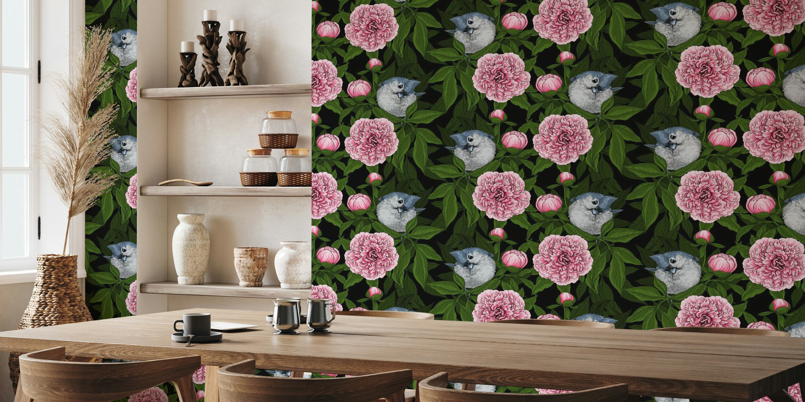 Birds and pink peony flowers τοίχος με σκούφο φόντο