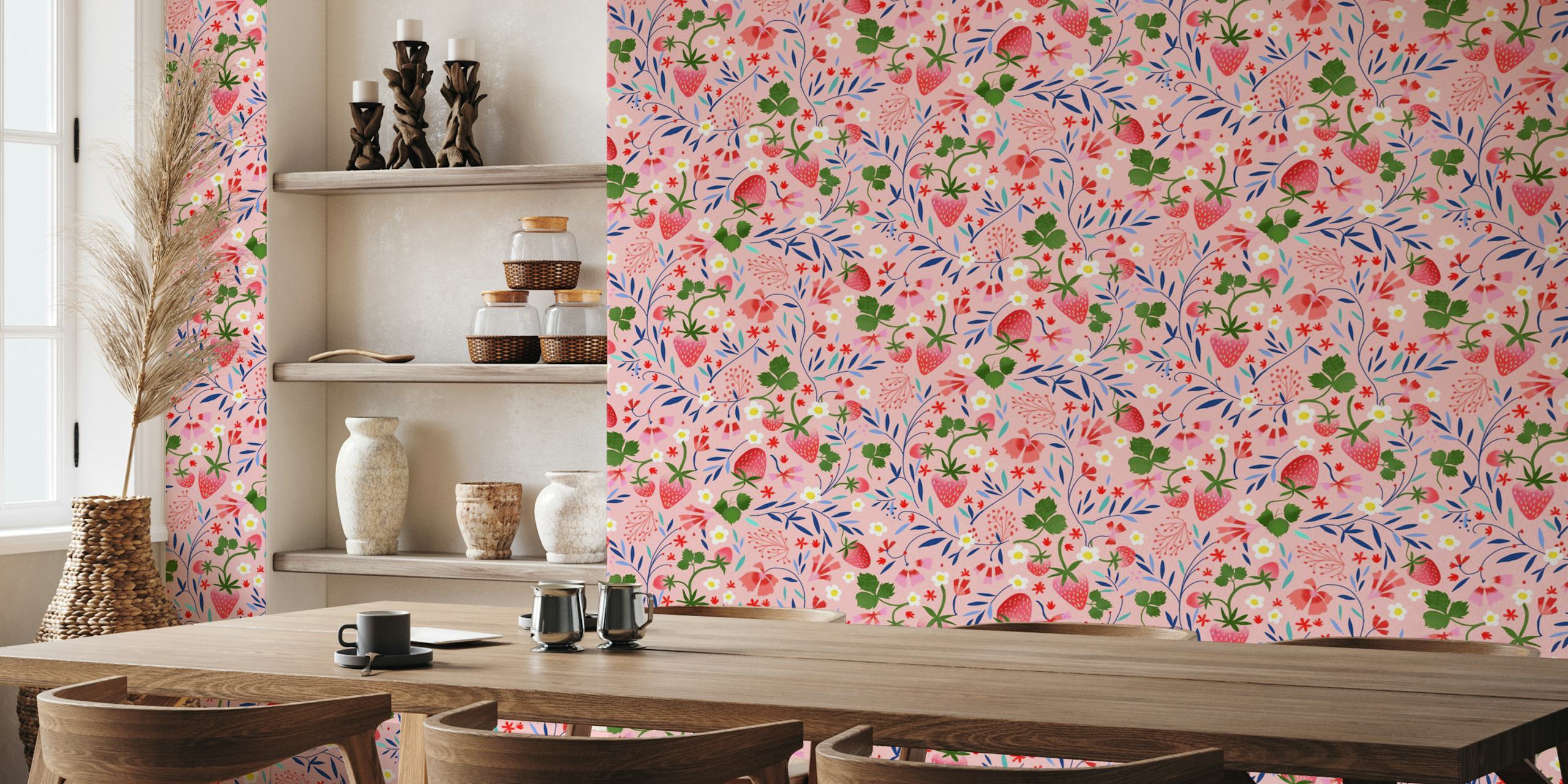 Strawberry floral wallpaper design