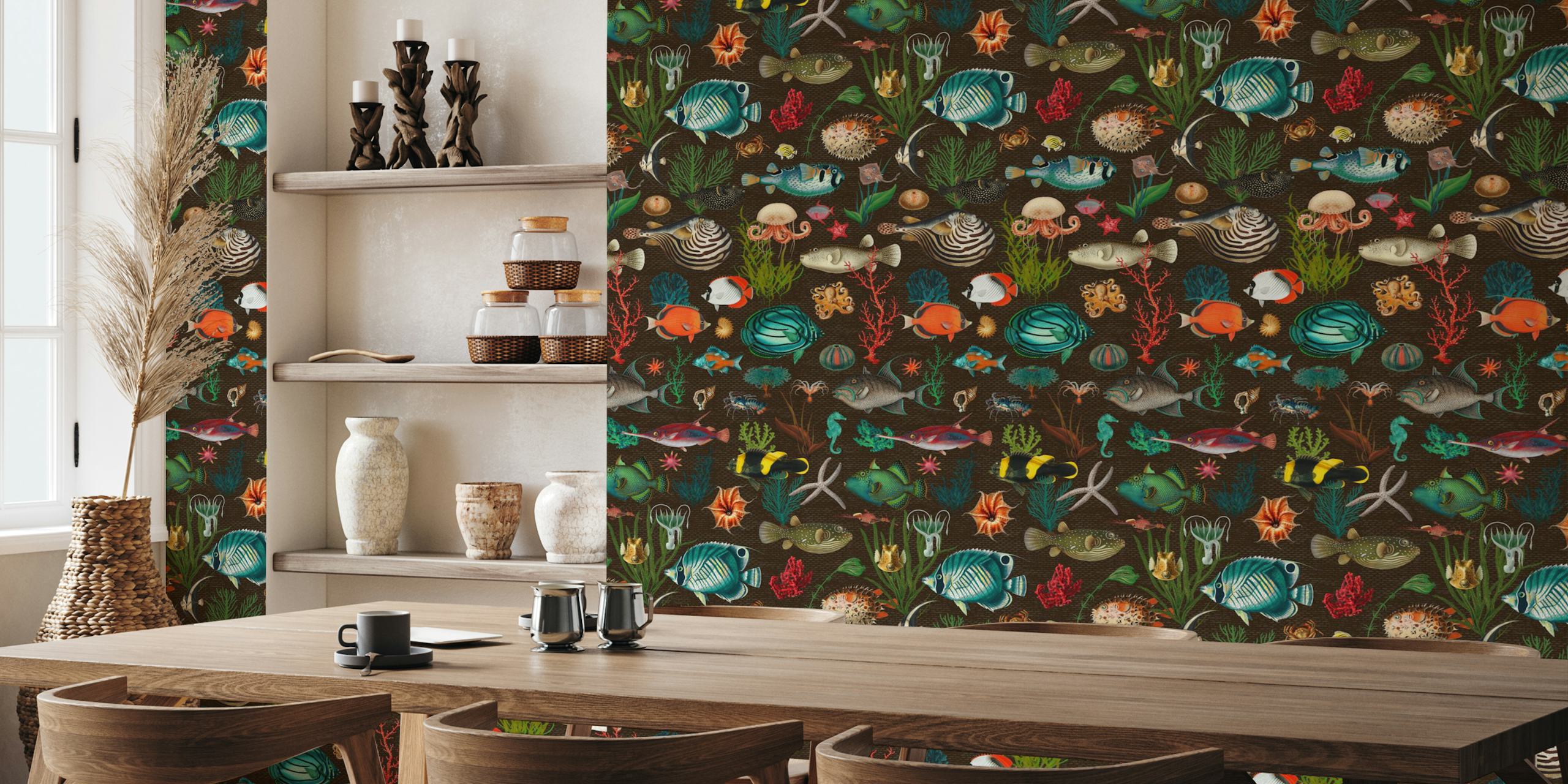 Oceania pattern in brown tapet i ett rum